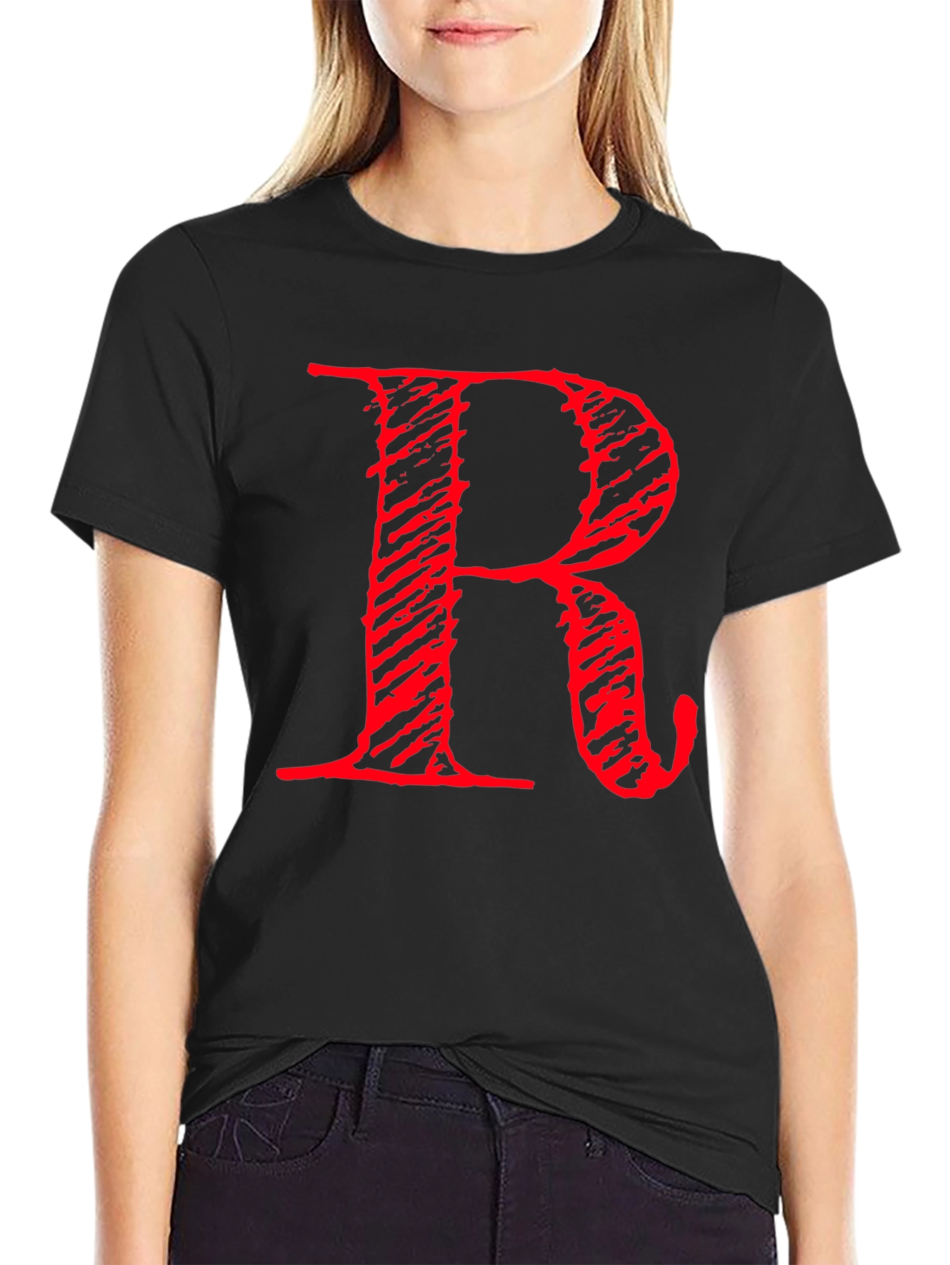 Black Bold Red R Graphic Print Black T-Shirt view 2
