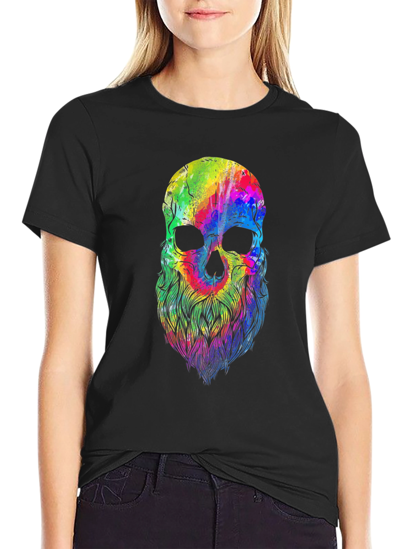 Black Colorful Skull Beard Graphic T-Shirt view 2