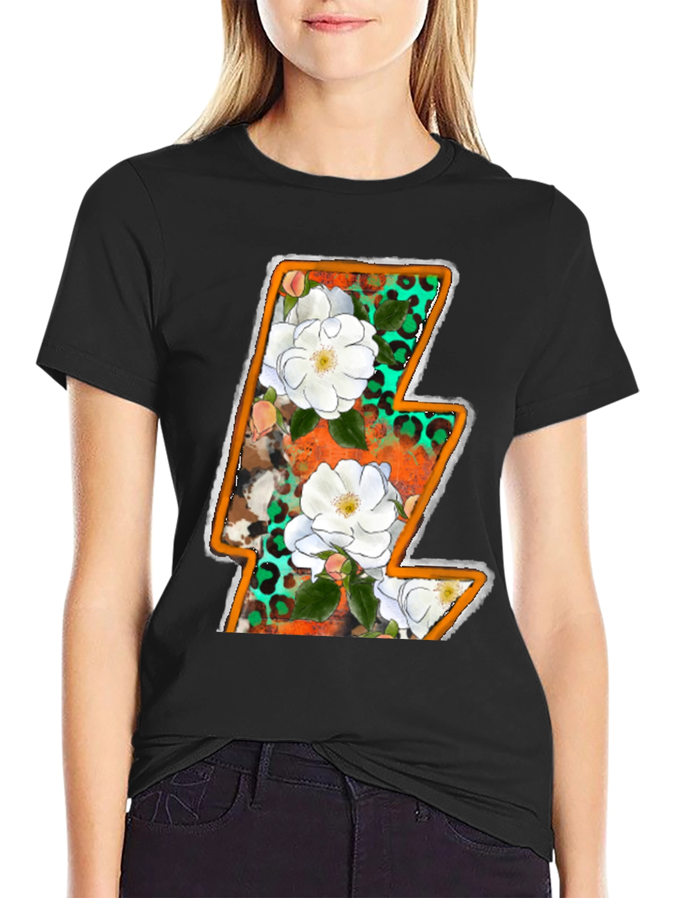 Black Floral Lightning Bolt Graphic Tee view 2