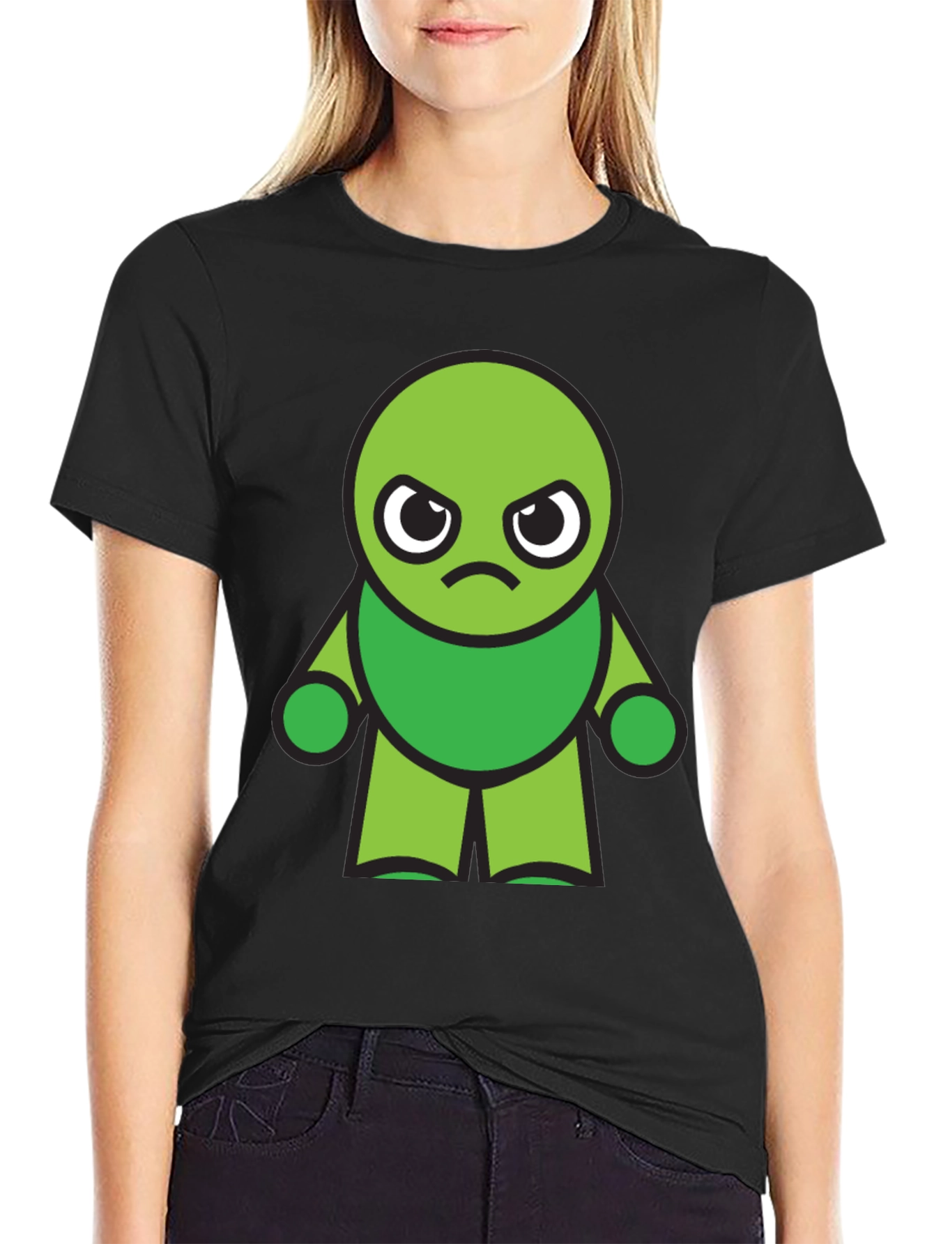 Black Grumpy Green Cartoon Character Black T-Shirt view 2