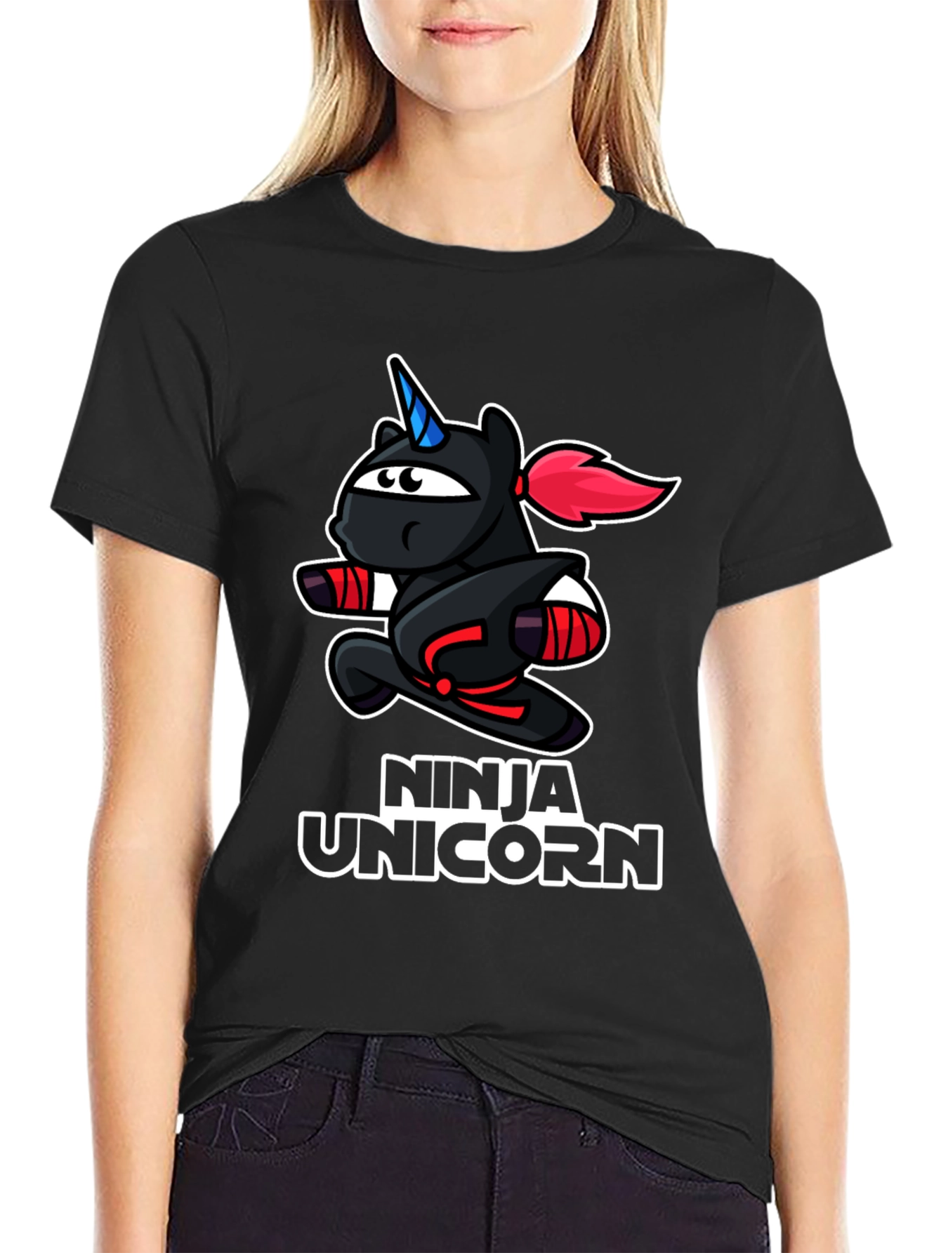 Black Ninja Unicorn Black T-Shirt - Cartoon Graphic Tee view 2