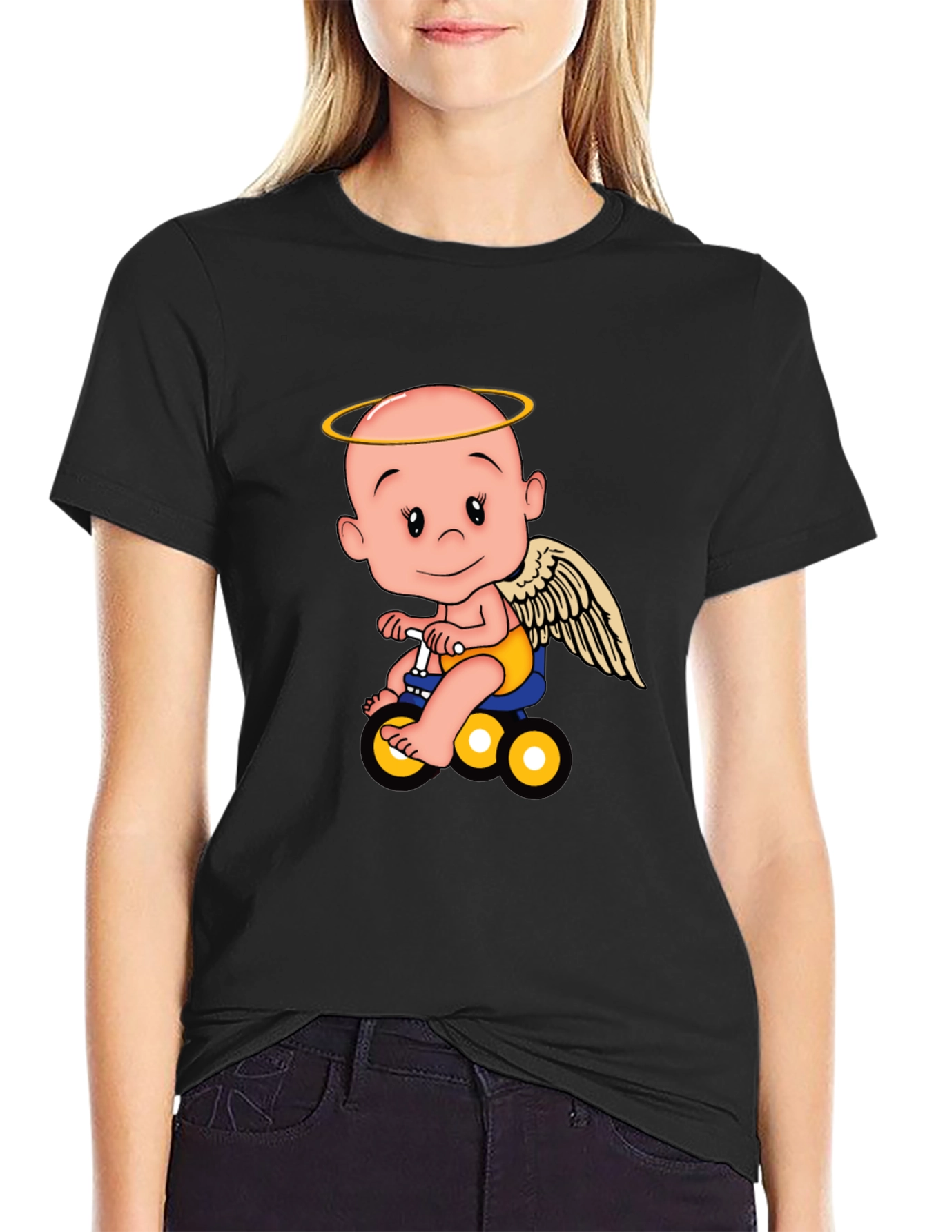 Black Angel Baby on Bike Graphic Tee - Black view 2