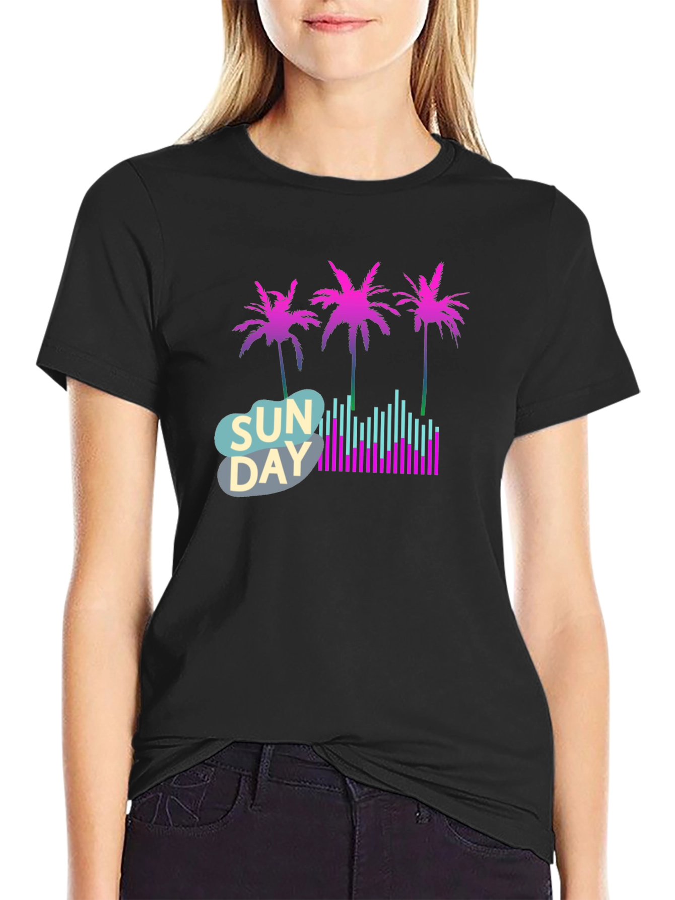 Black Retro Sunday Vibes T-Shirt - Palm Trees & Soundwaves view 2