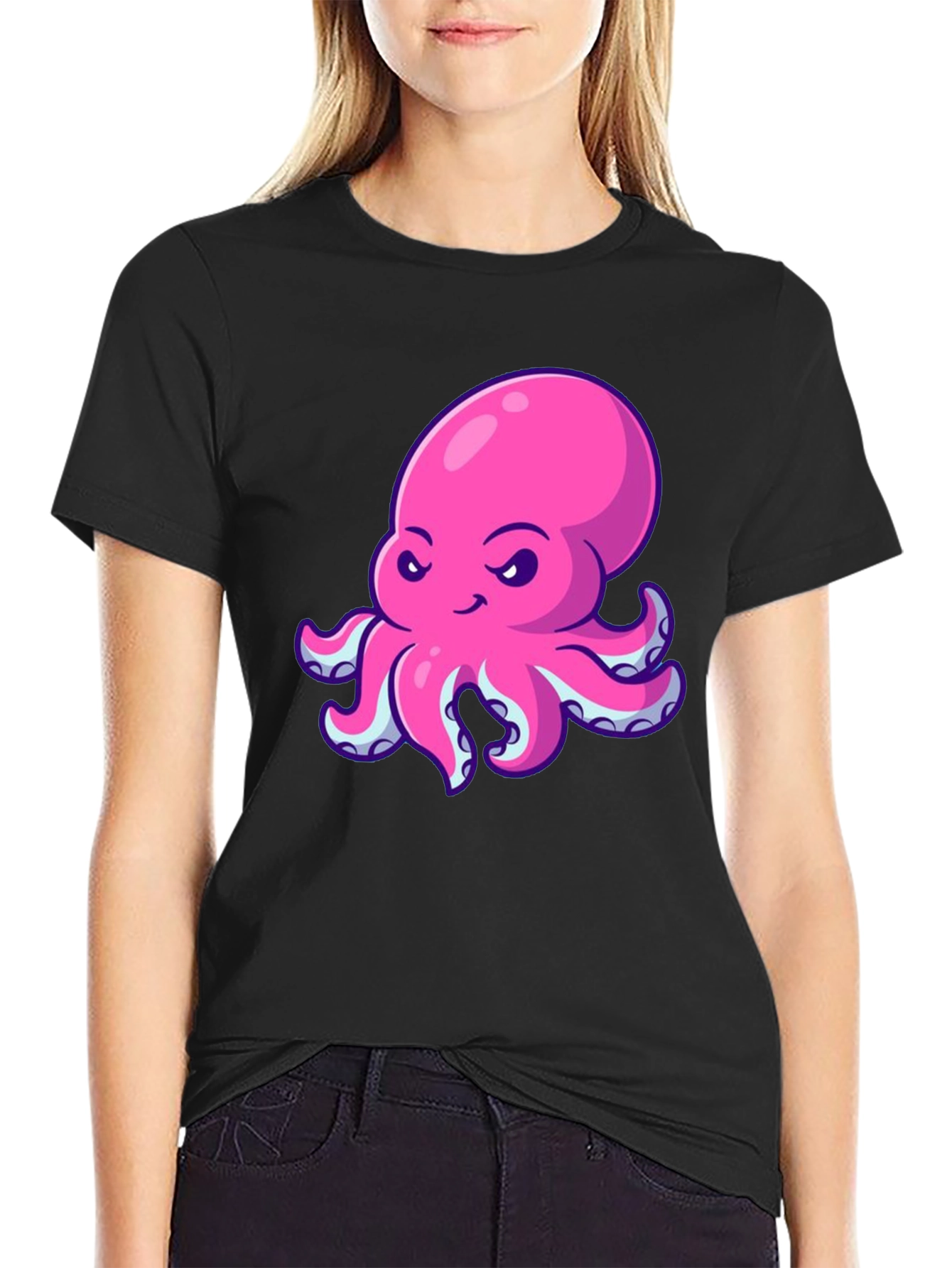 Black Pink Octopus Graphic Print Black T-Shirt view 2