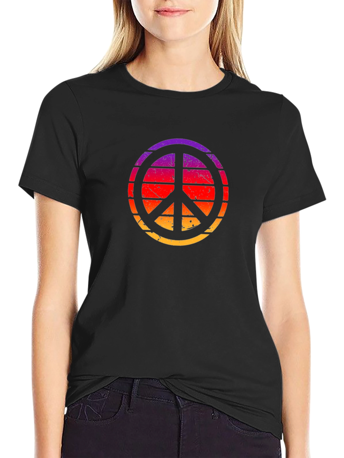 Black Retro Sunset Peace Sign Black T-Shirt view 2