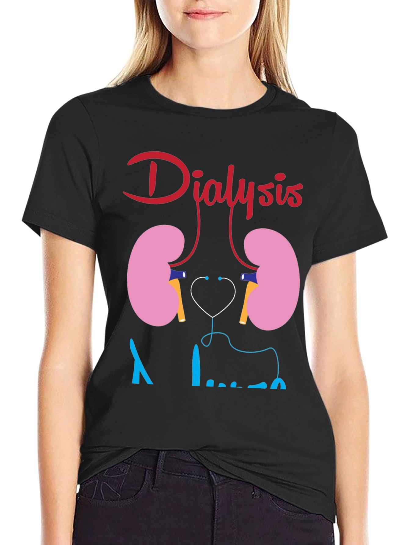 Black Dialysis Kidney Stethoscope Funny Black T-shirt view 2