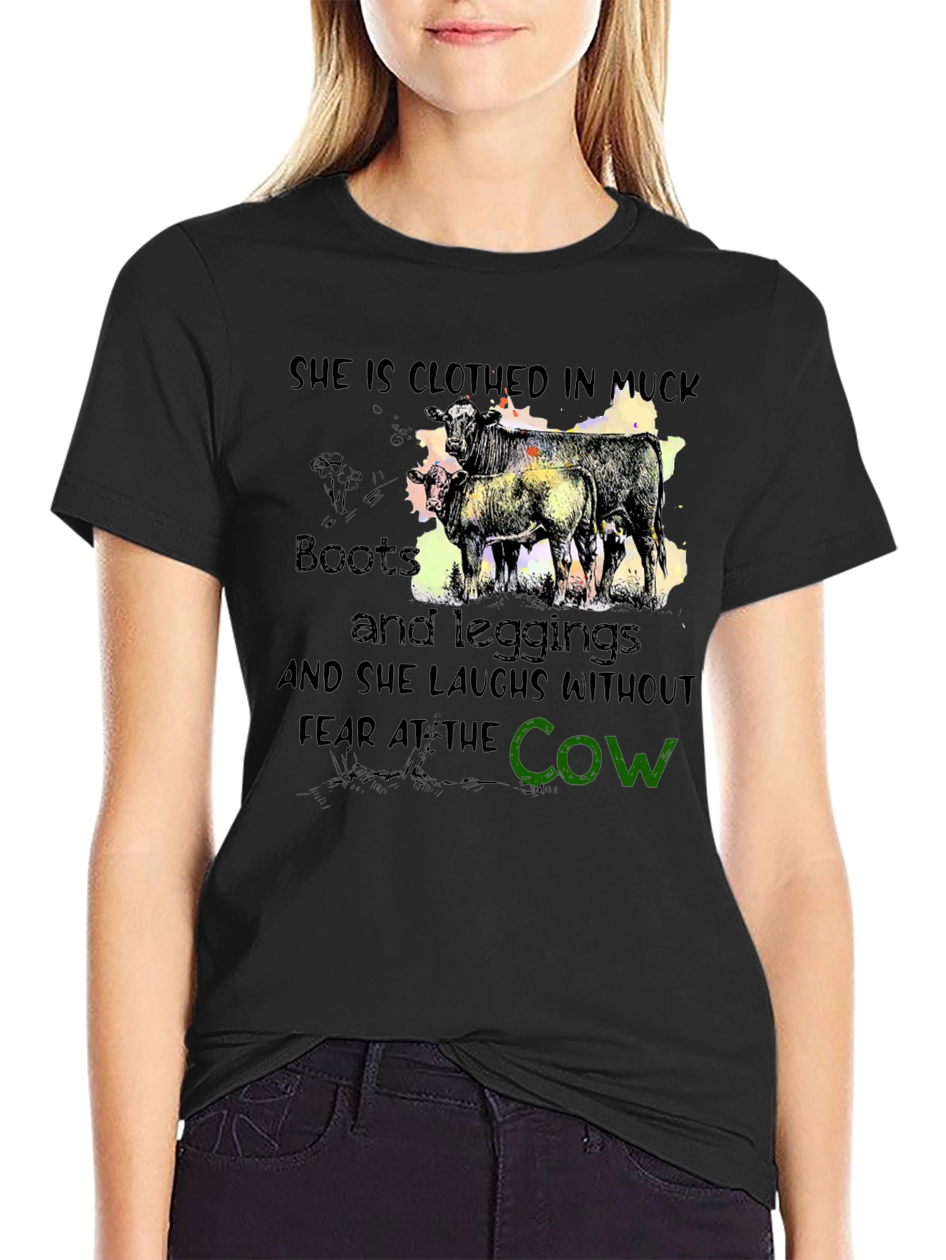 Black Muck Boots and Leggings Cow Graphic T-Shirt view 2