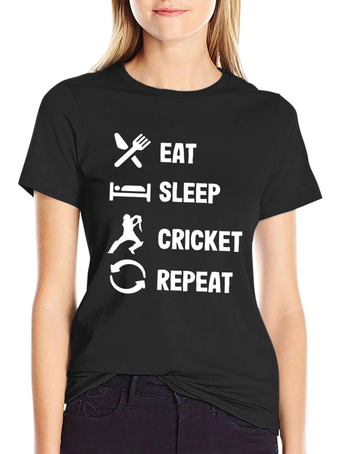Black Eat Sleep Cricket Repeat Black T-Shirt view 2