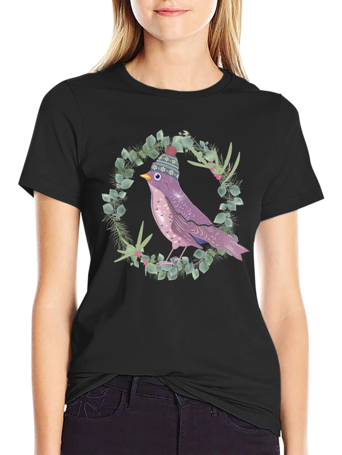 Black Whimsical Bird in Winter Hat T-Shirt view 2
