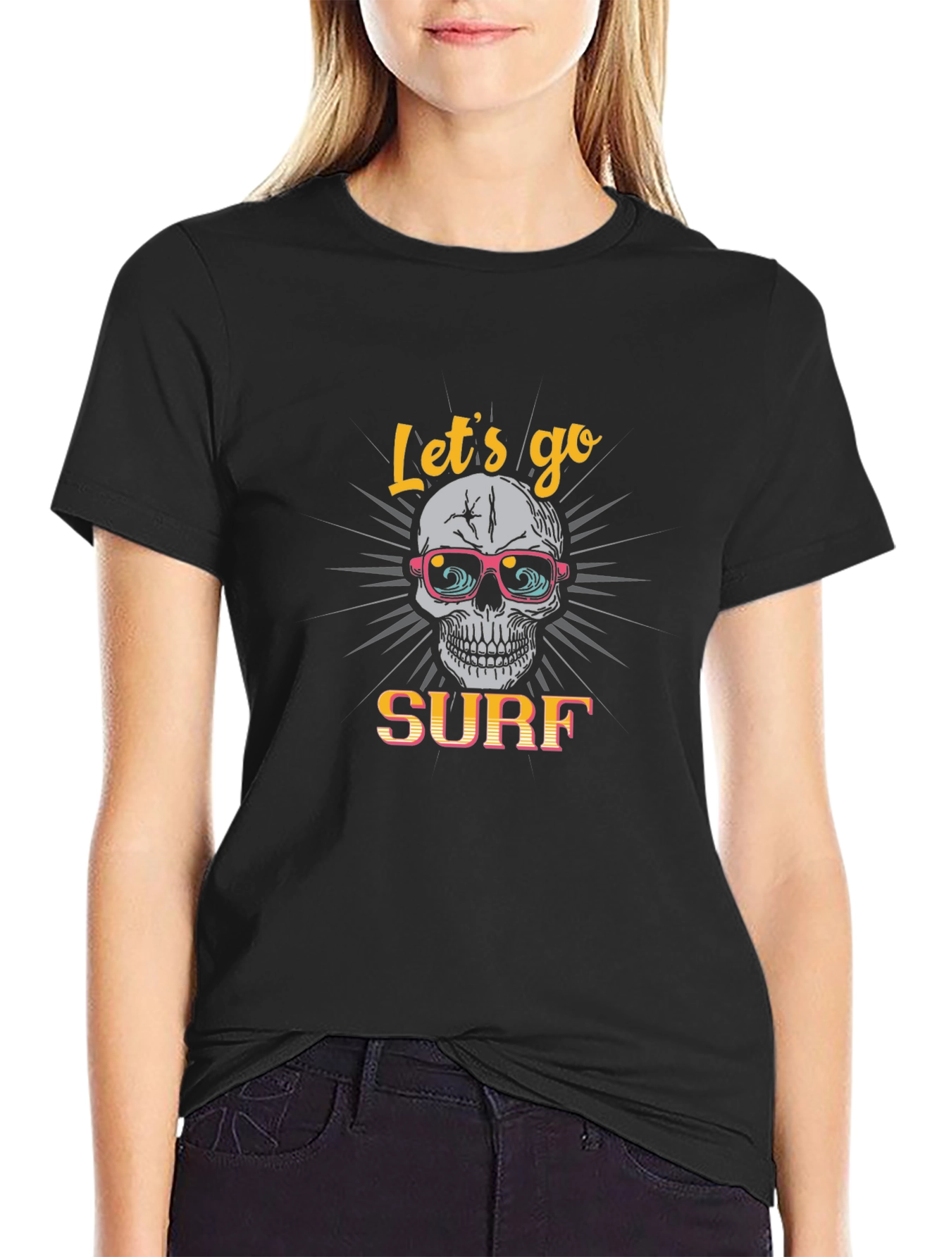 Black Skull Surf T-Shirt - Black Cotton Tee view 2