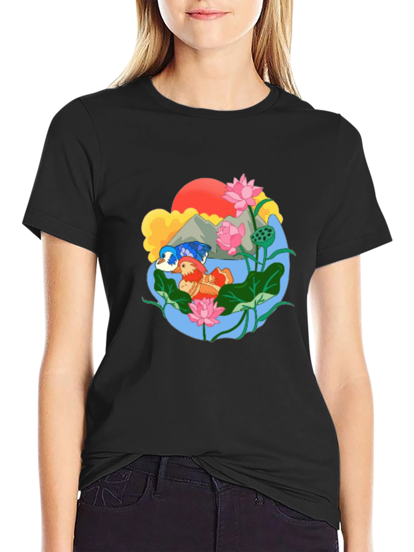 Black Mandarin Duck Lotus Pond Graphic Tee view 2