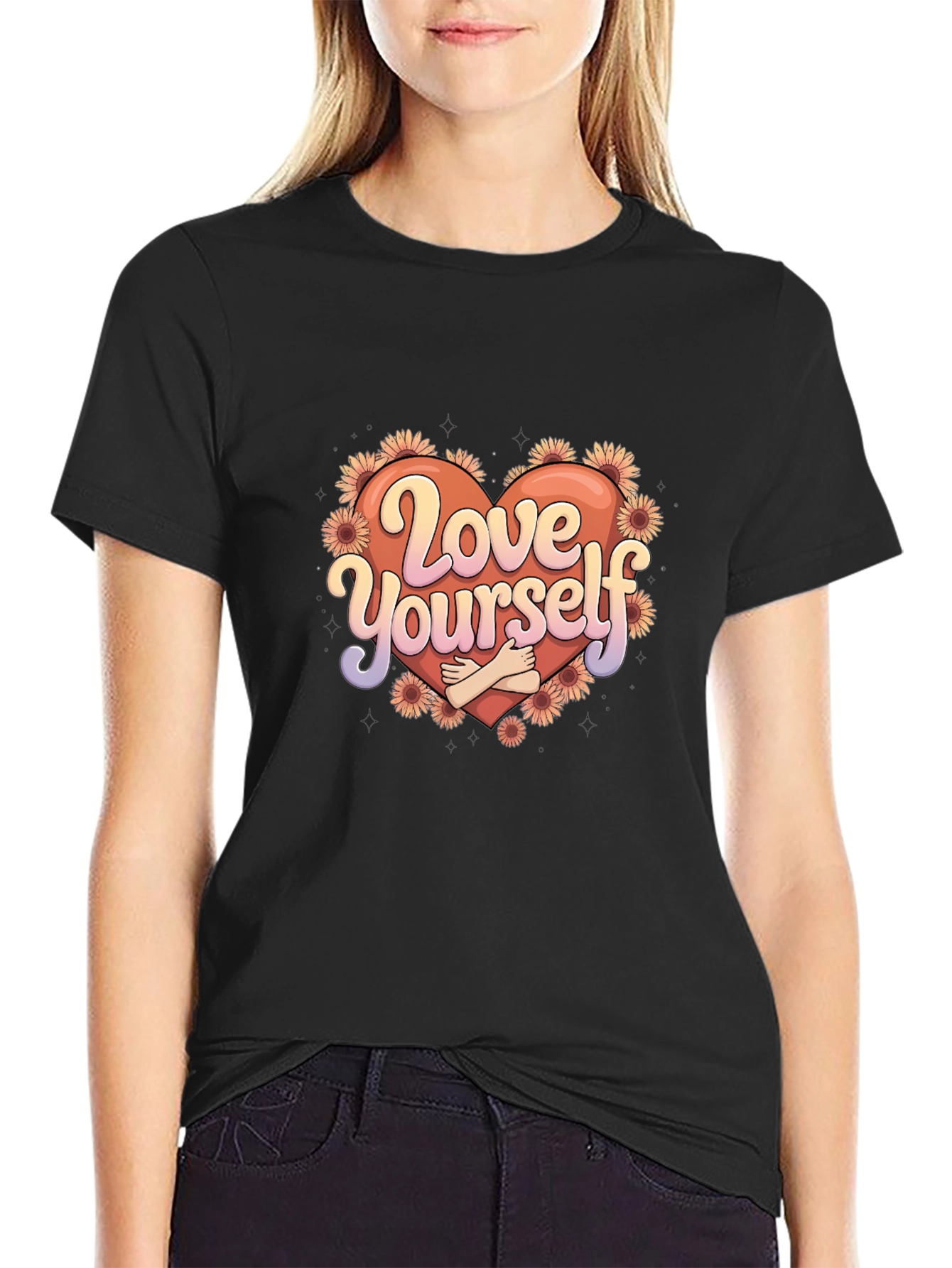 Black Love Yourself Graphic Tee - Heart & Flowers view 2