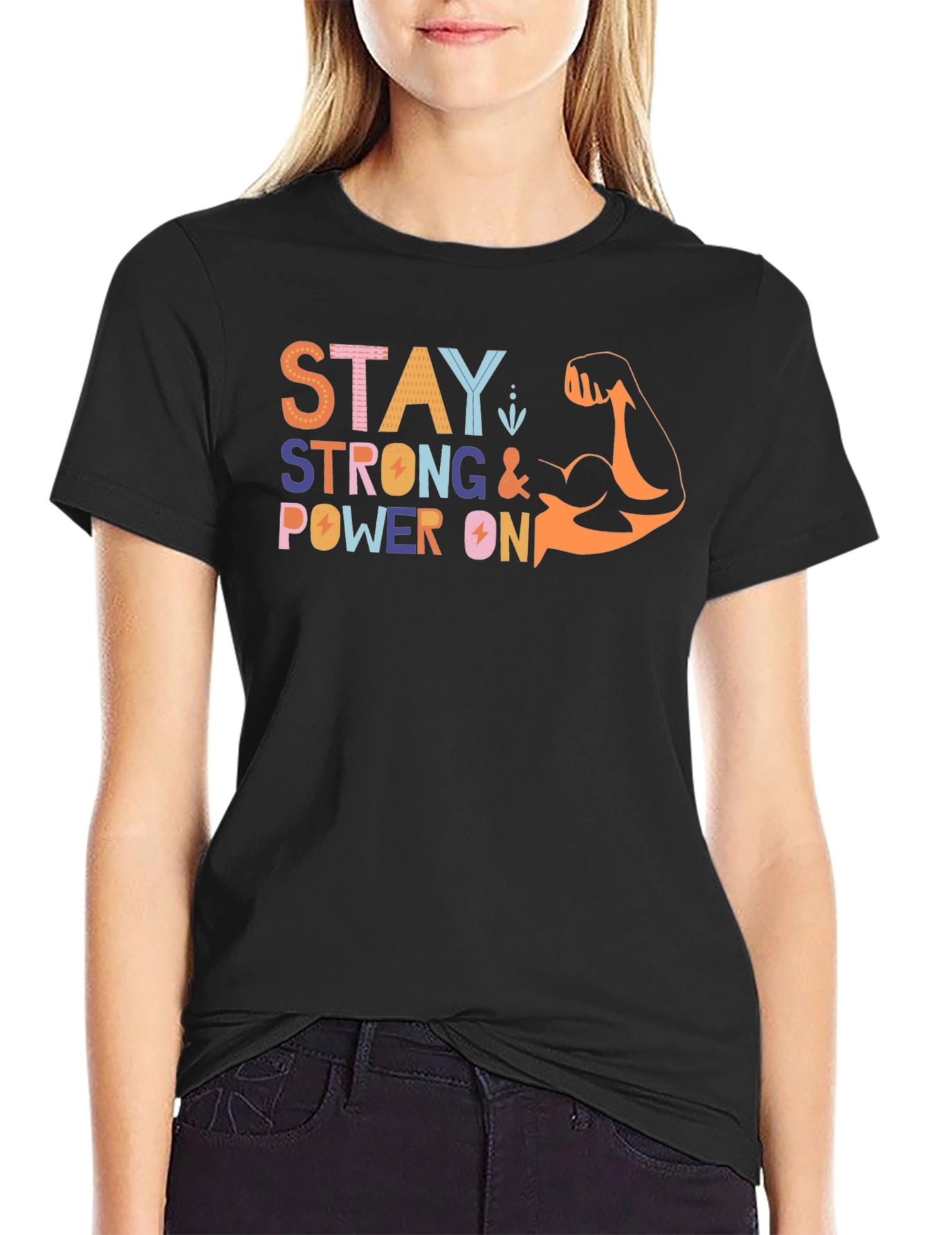 Black Stay Strong Graphic Print Crew Neck T-Shirt view 2