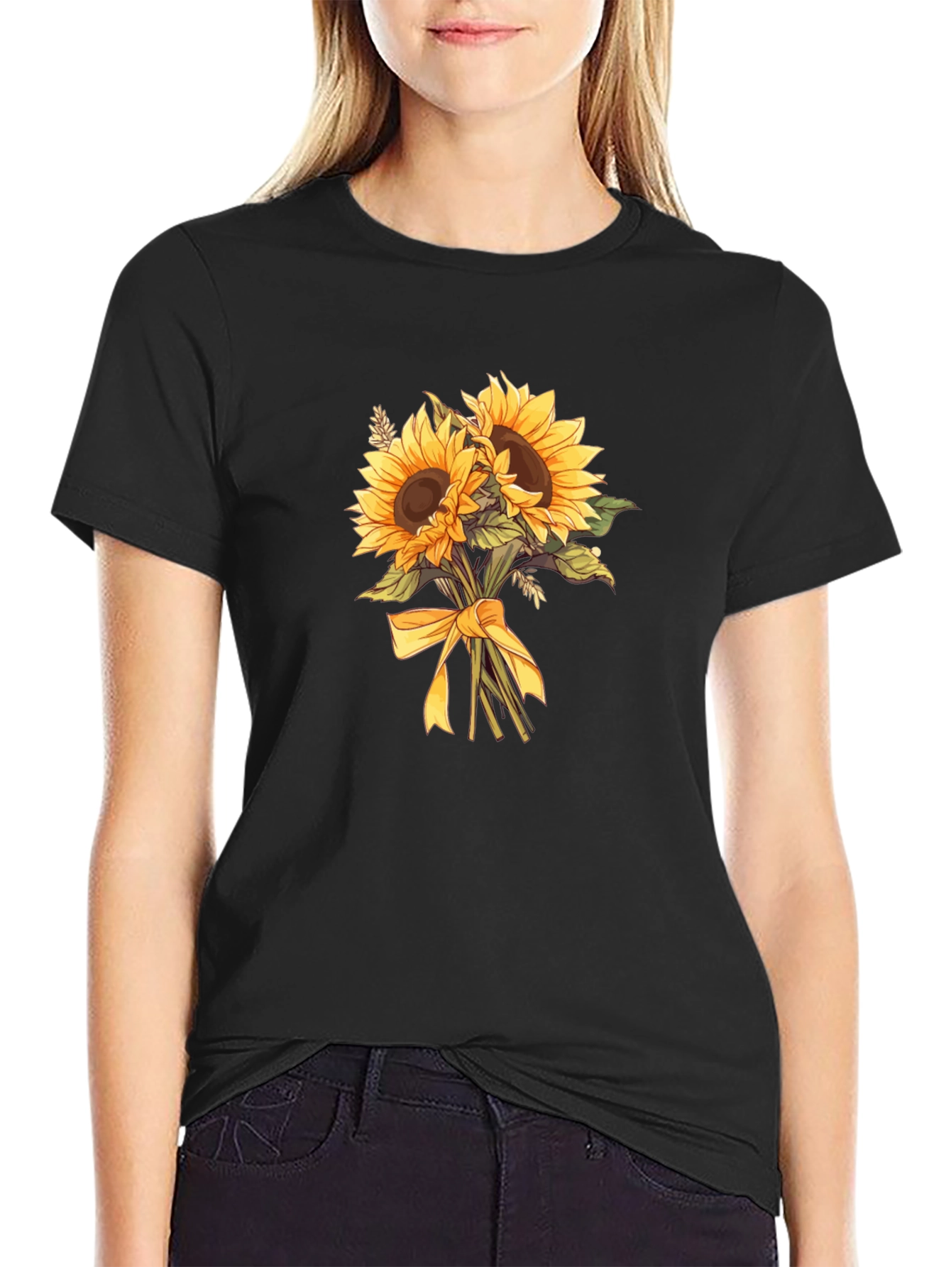 Black Sunflower Bouquet Graphic Tee - Black Cotton Blend view 2