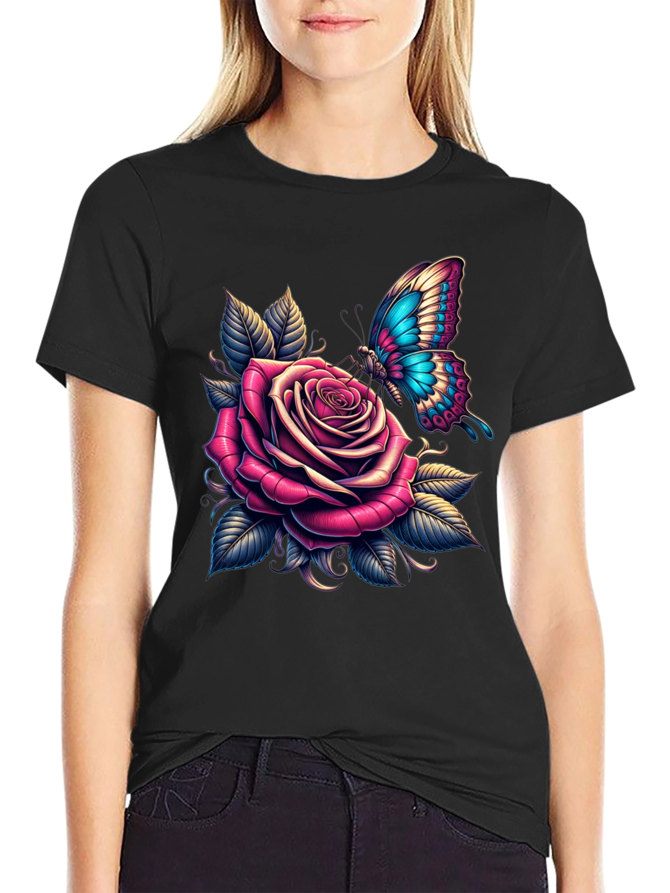 Black Rose & Butterfly Graphic Tee - Stylish Black T-Shirt view 2