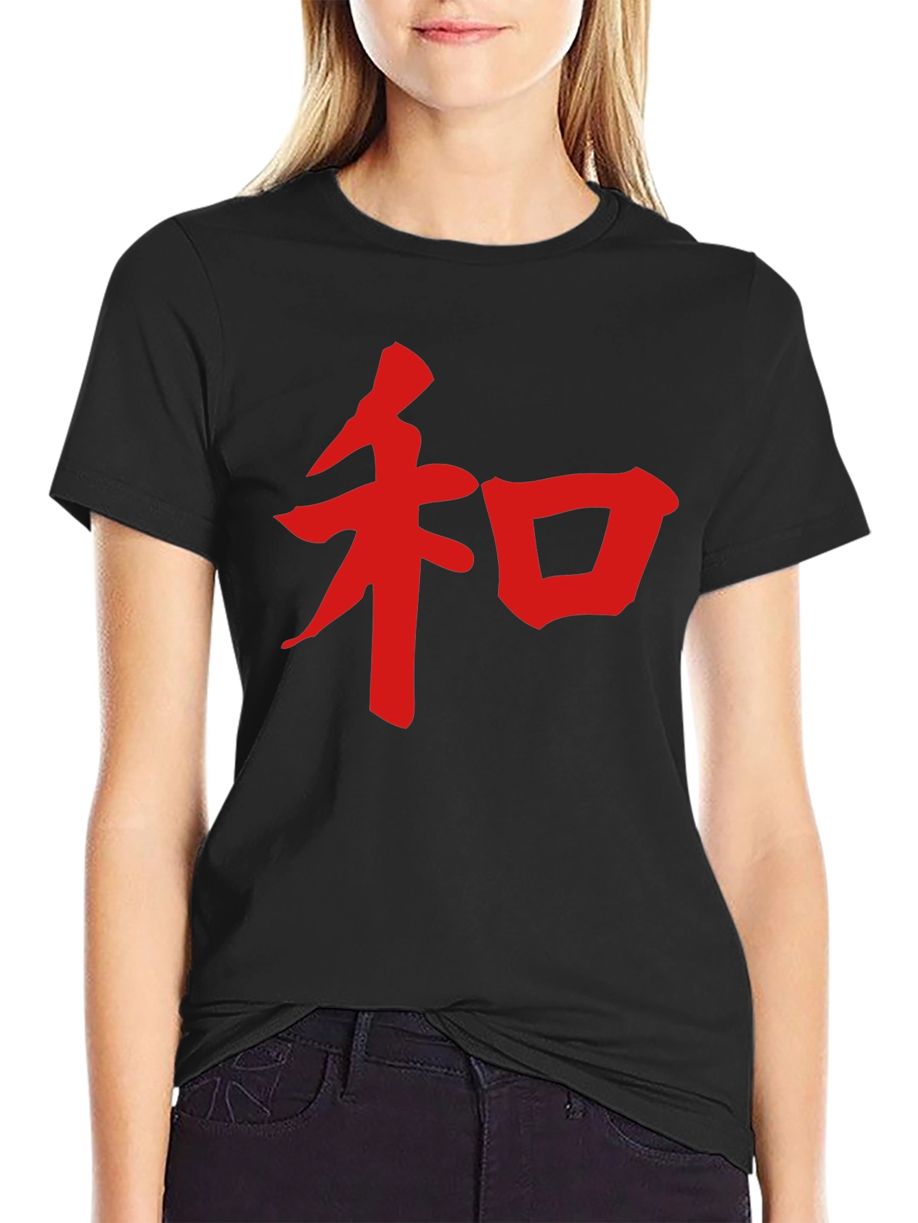 Black Black T-Shirt with Red Kanji Character view 2
