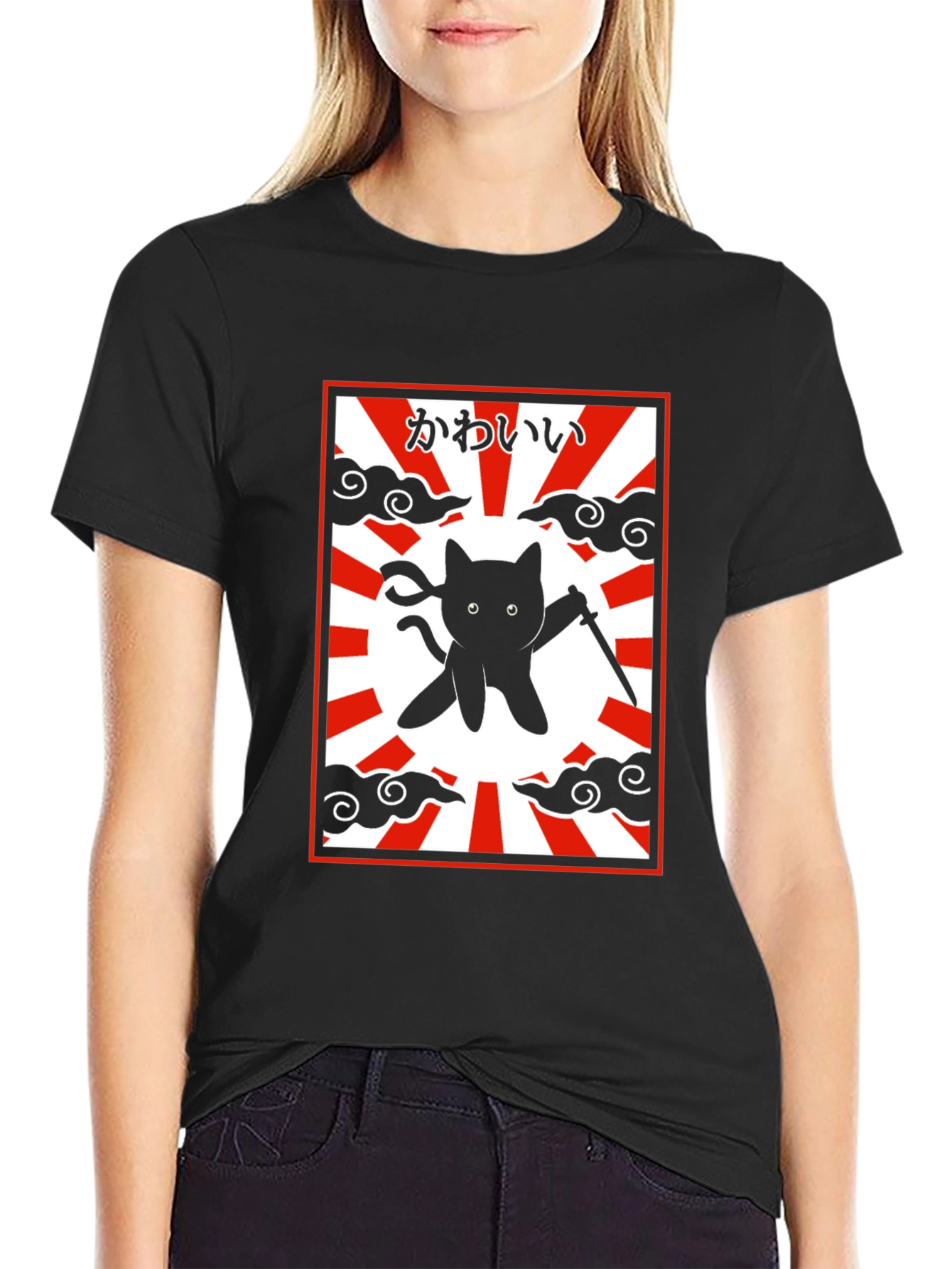 Black Ninja Cat Graphic T-Shirt - Kawaii Japanese Design view 2