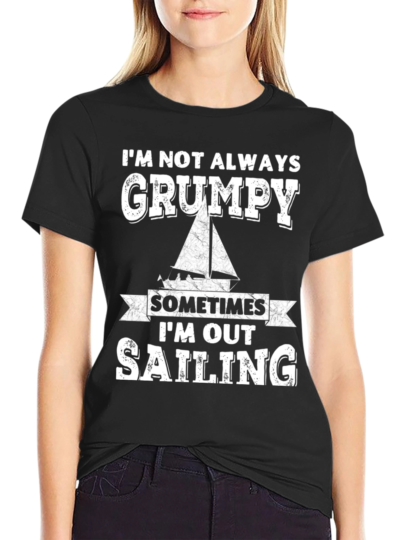 Black Grumpy Sailing T-Shirt, Black Crew Neck view 2