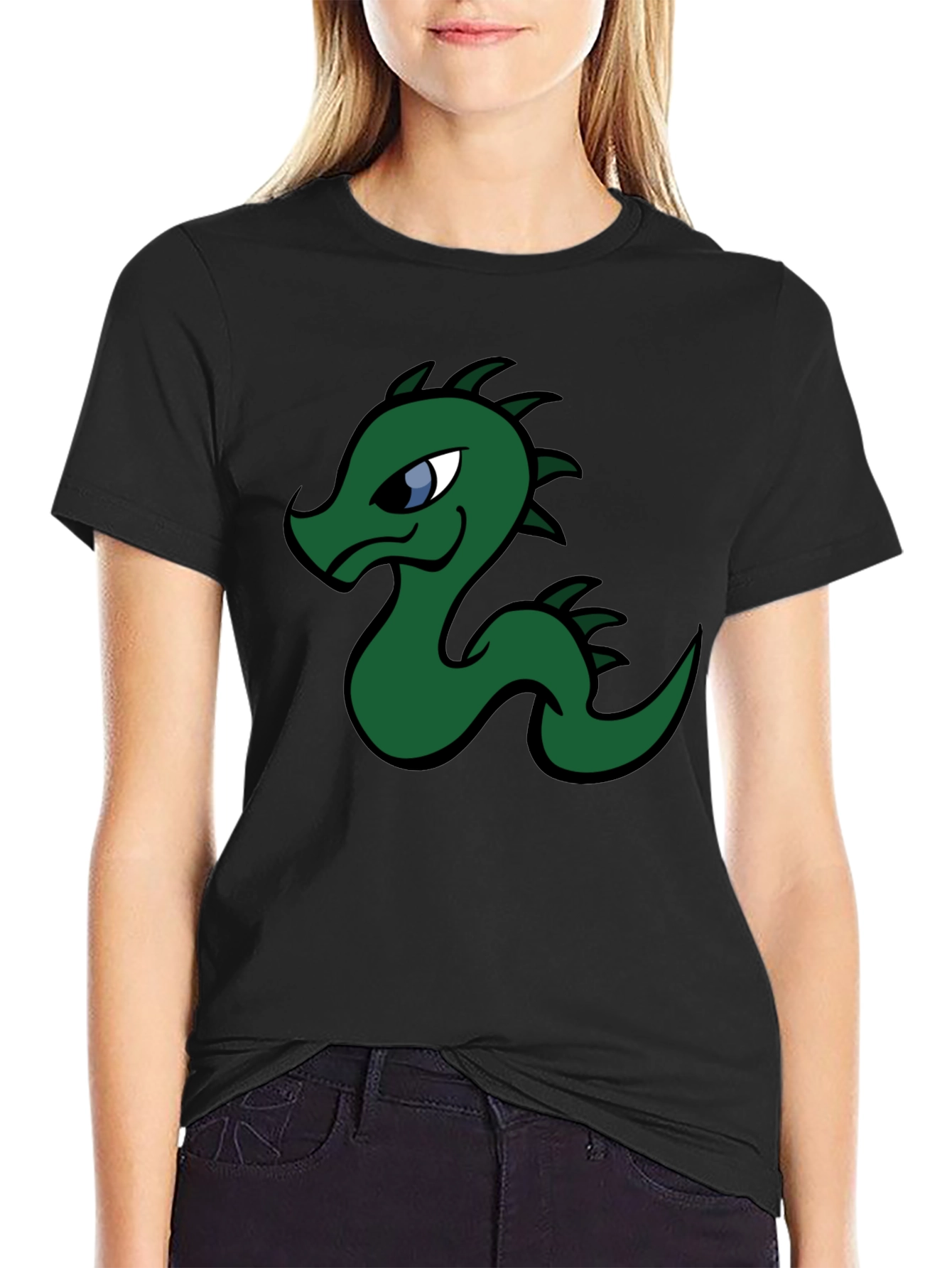 Black Cartoon Dragon Graphic Tee - Black Cotton T-Shirt view 2