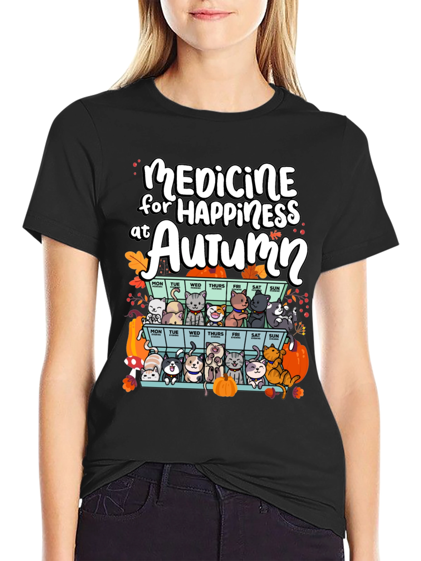 Black Autumn Cats Happiness Medicine T-Shirt view 2