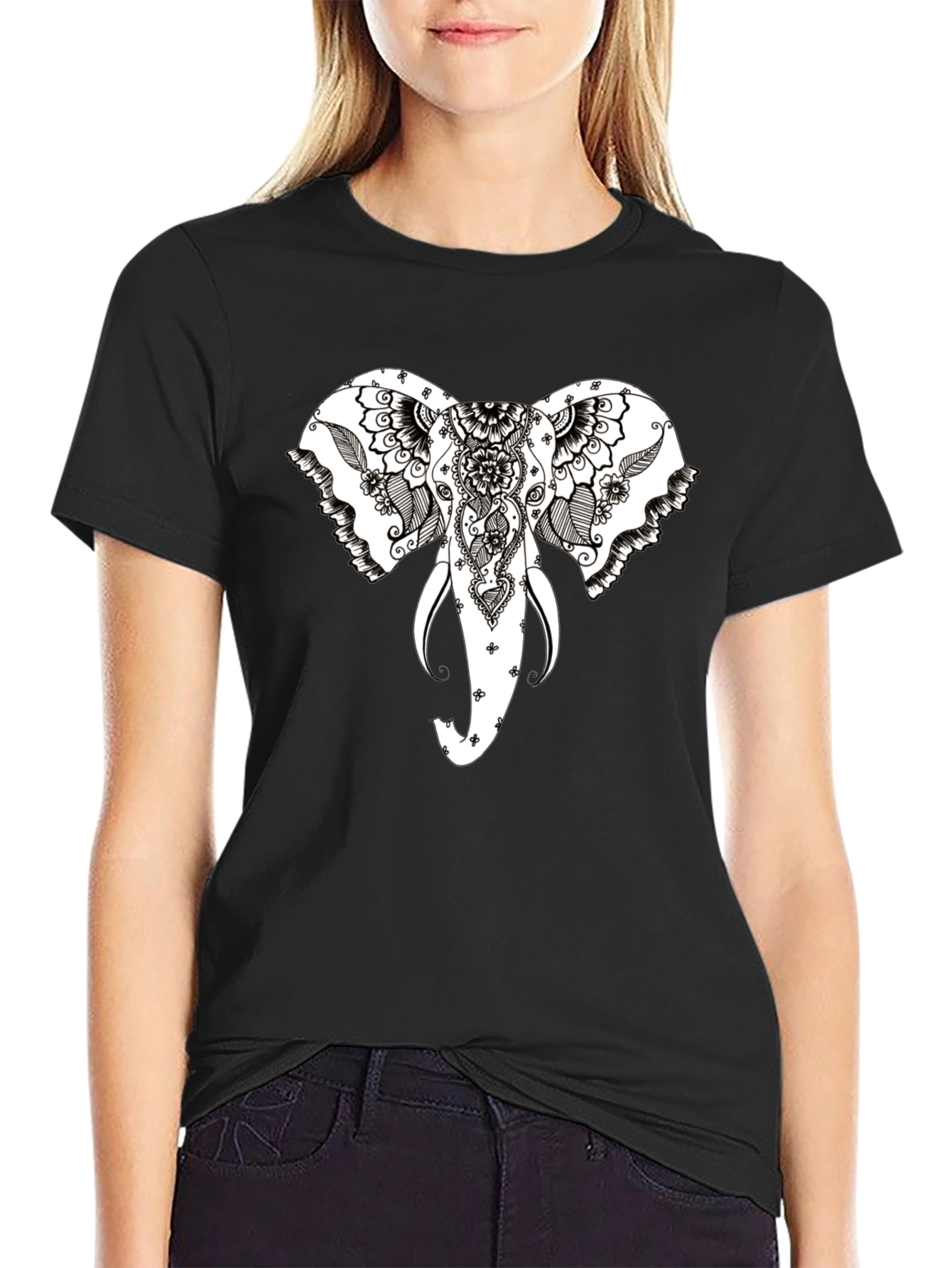 Black Elephant Head Graphic Black T-Shirt view 2