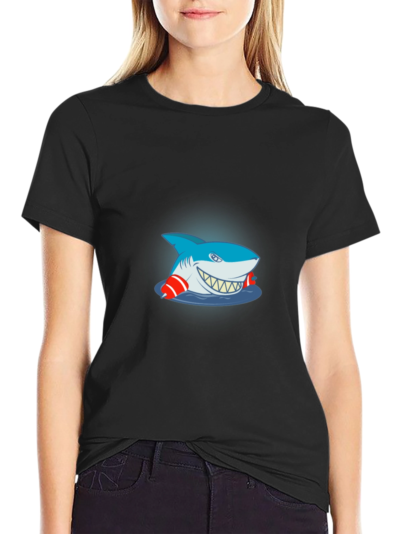 Black Cartoon Shark Graphic Tee - Black Cotton T-Shirt view 2