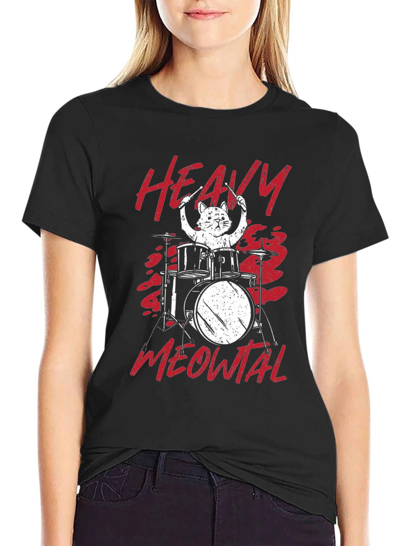 Black Heavy Meowtal Cat Drummer T-Shirt view 2