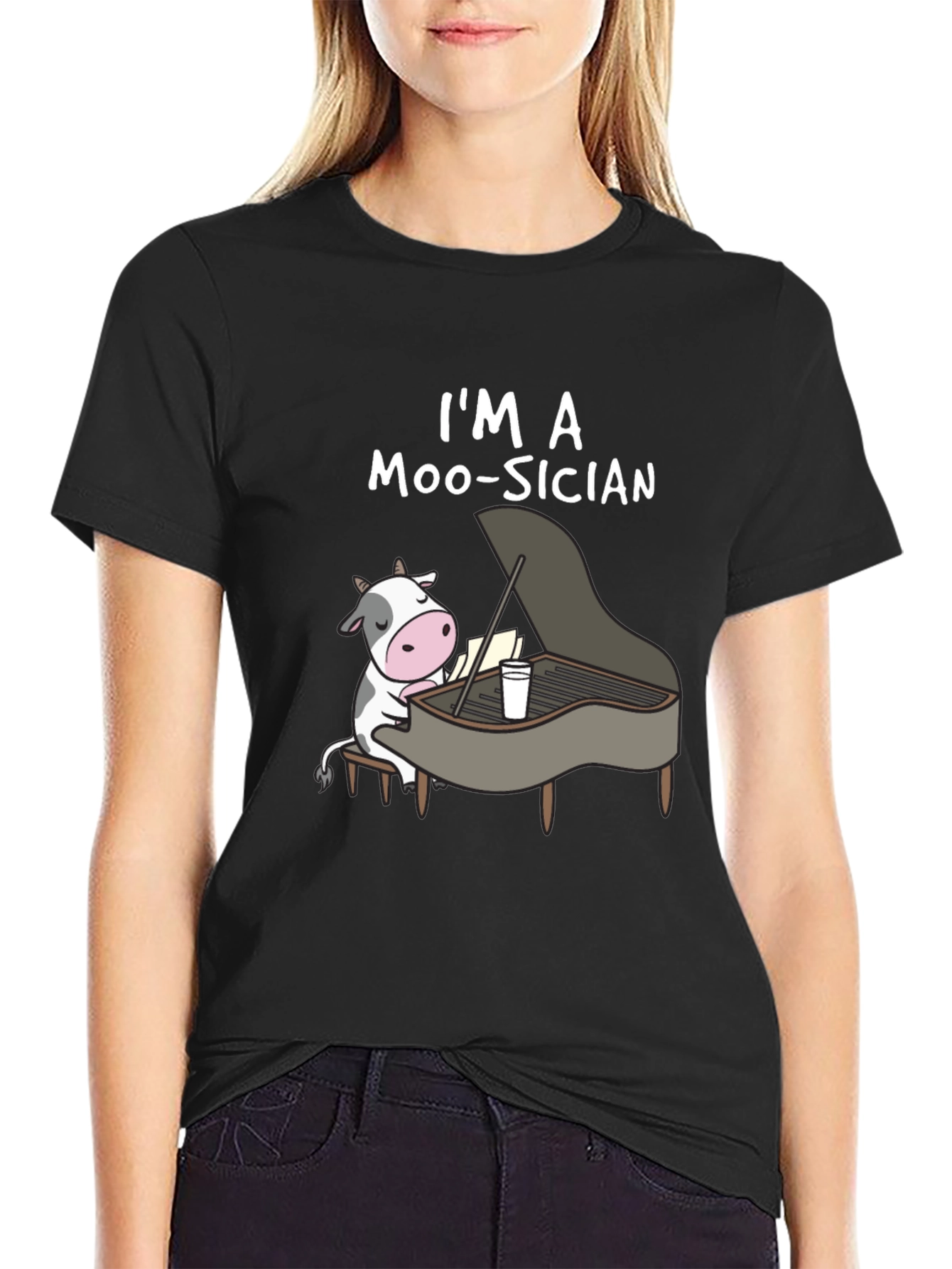 Black I'm a Moo-sician Funny Cow Piano T-Shirt view 2