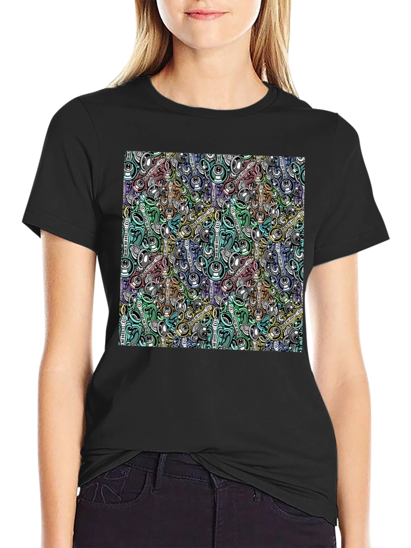 Black Abstract Music Pattern Black T-Shirt view 2