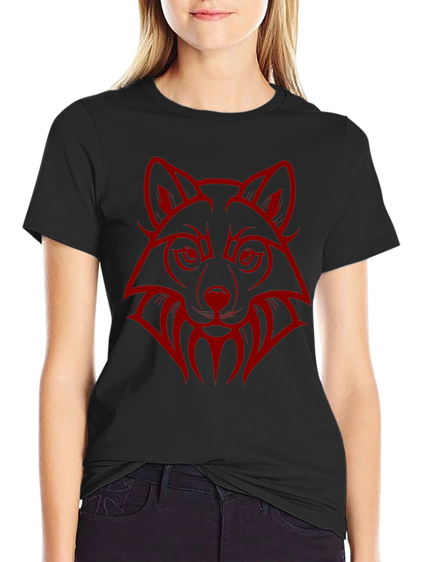 Black Wolf Head Graphic Print Crew Neck T-Shirt view 2