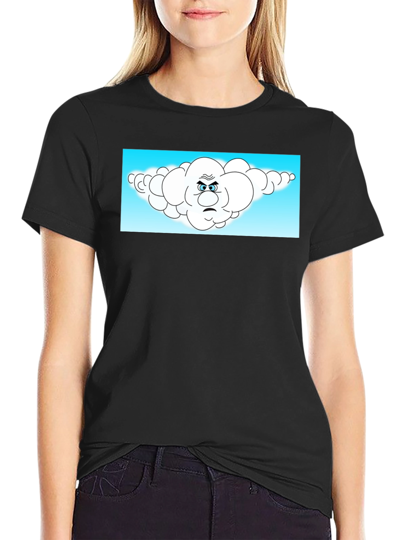 Black Grumpy Cloud Cartoon Black T-Shirt view 2