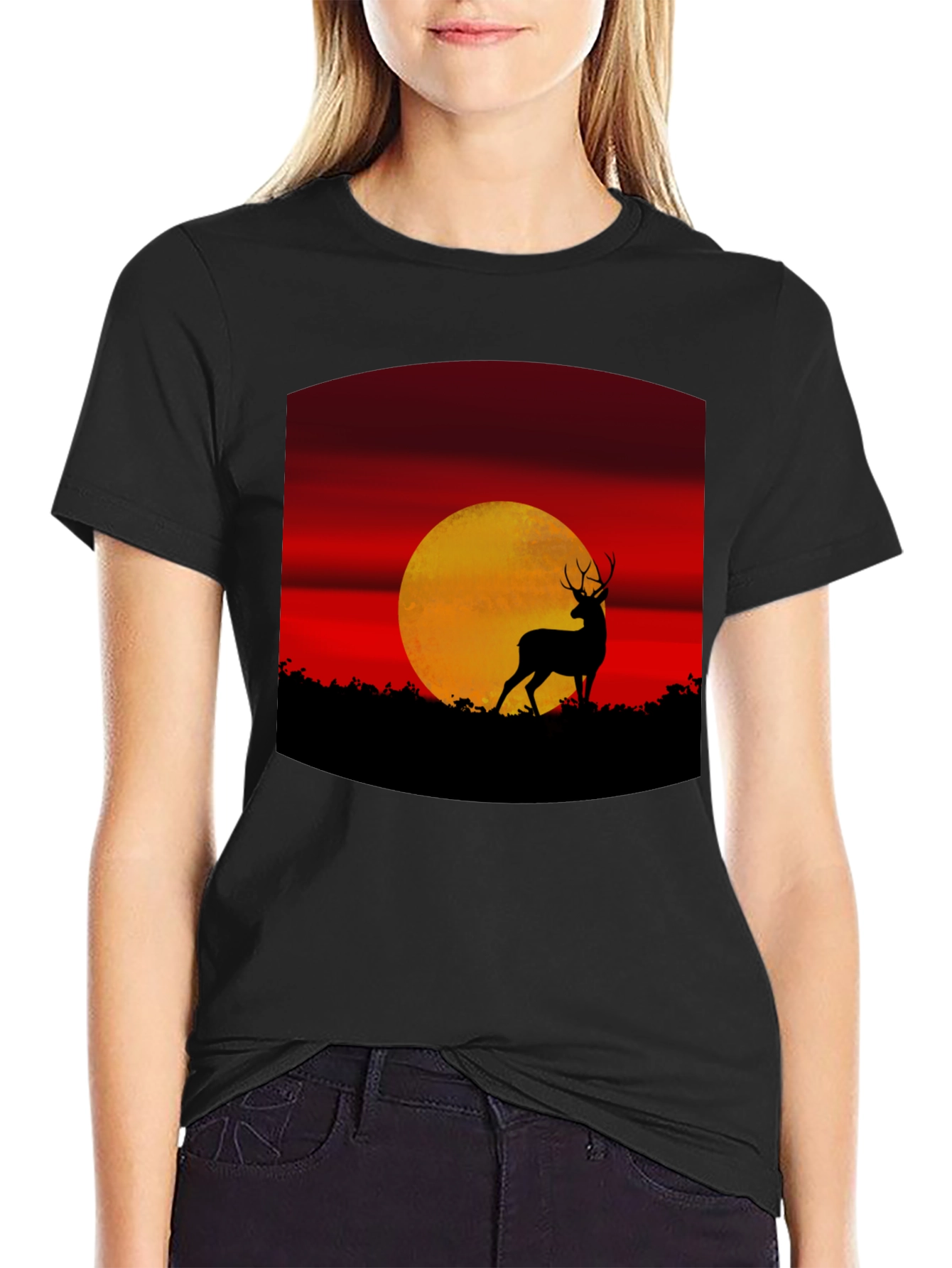 Black Deer Sunset Graphic Tee - Nature Inspired T-Shirt view 2