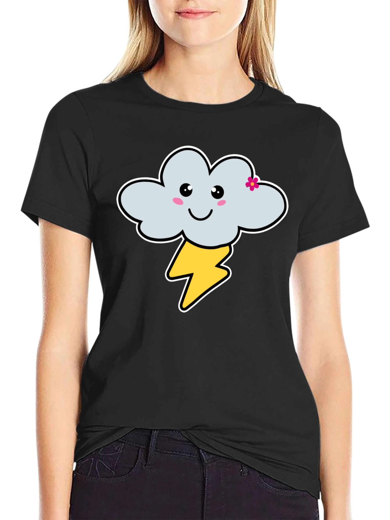 Black Cute Cloud & Lightning Bolt Graphic T-Shirt - Unisex view 2