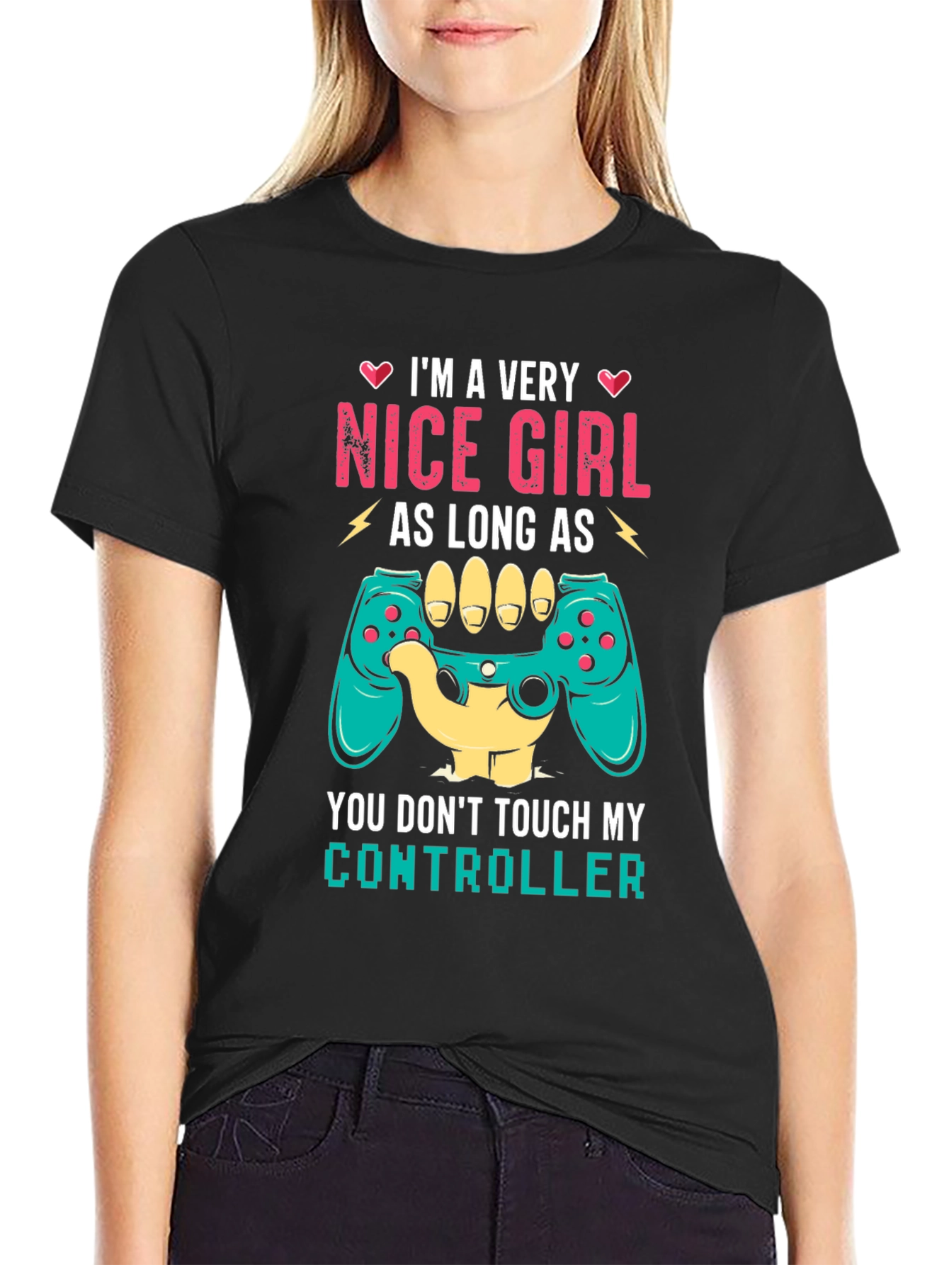 Black Nice Girl Controller T-Shirt Funny Gamer Tee view 2