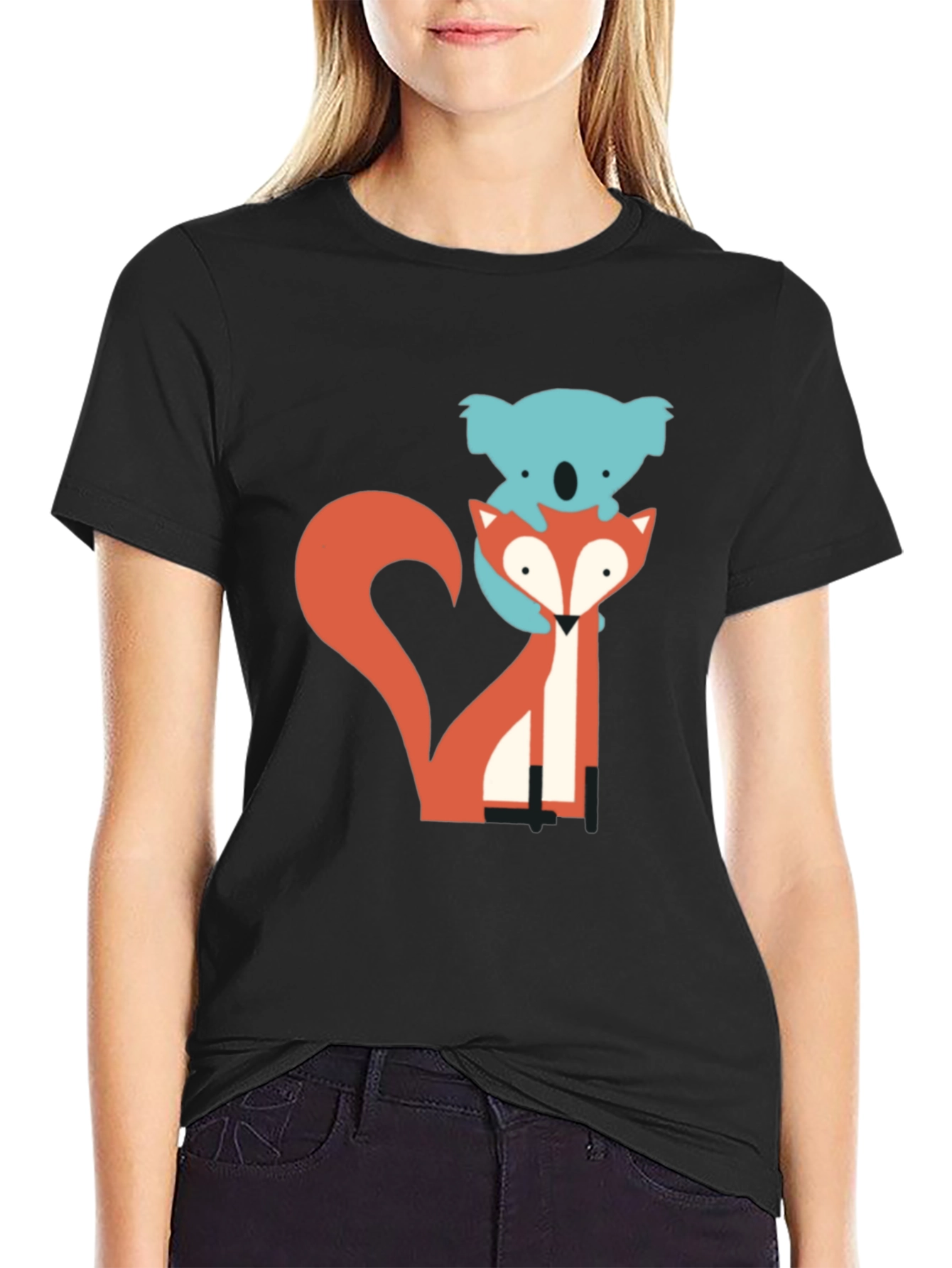 Black Koala Riding Fox Graphic Tee - Black Cotton T-Shirt view 2