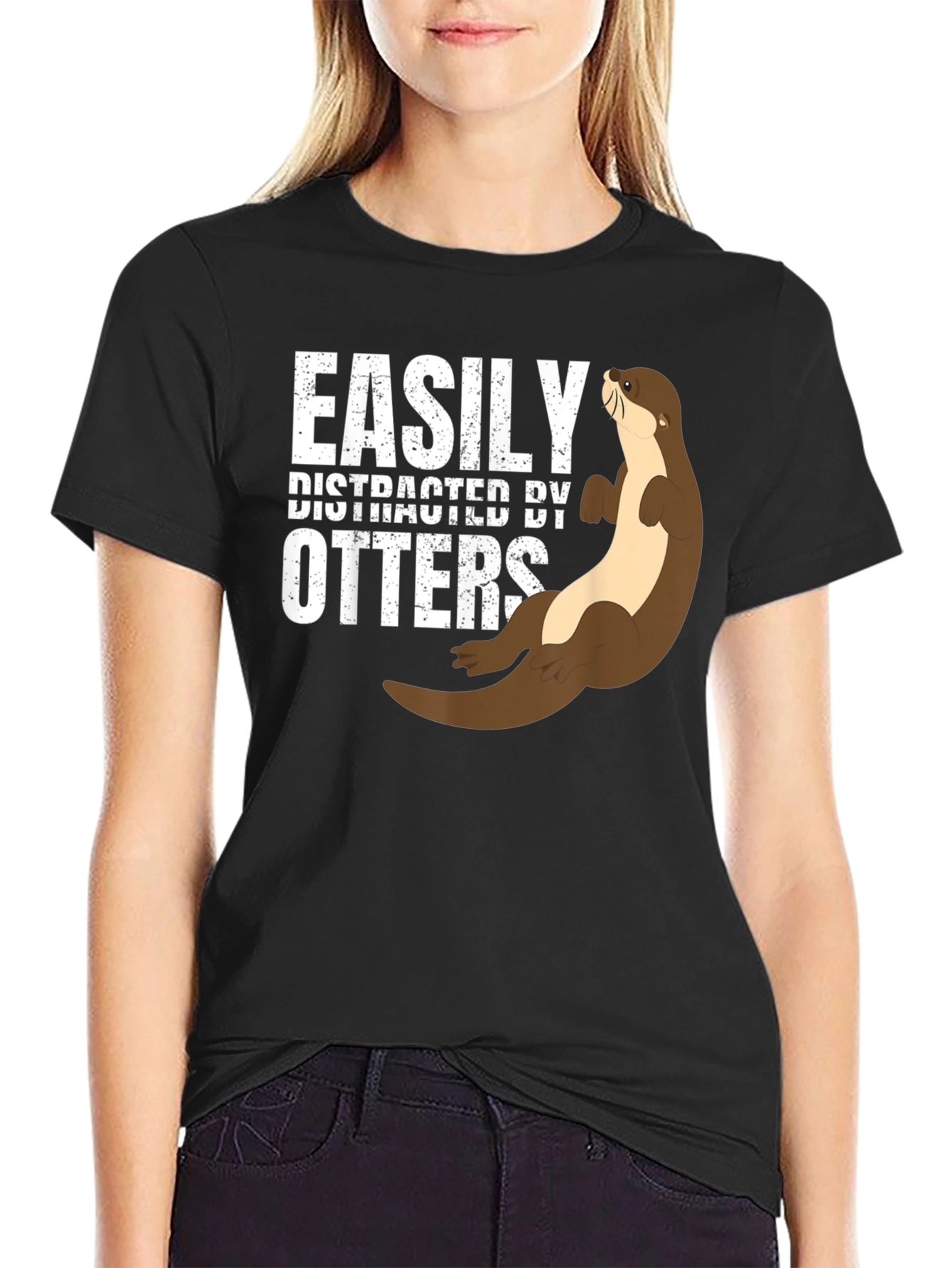 Black Easily Distracted By Otters Funny Graphic Tee view 2