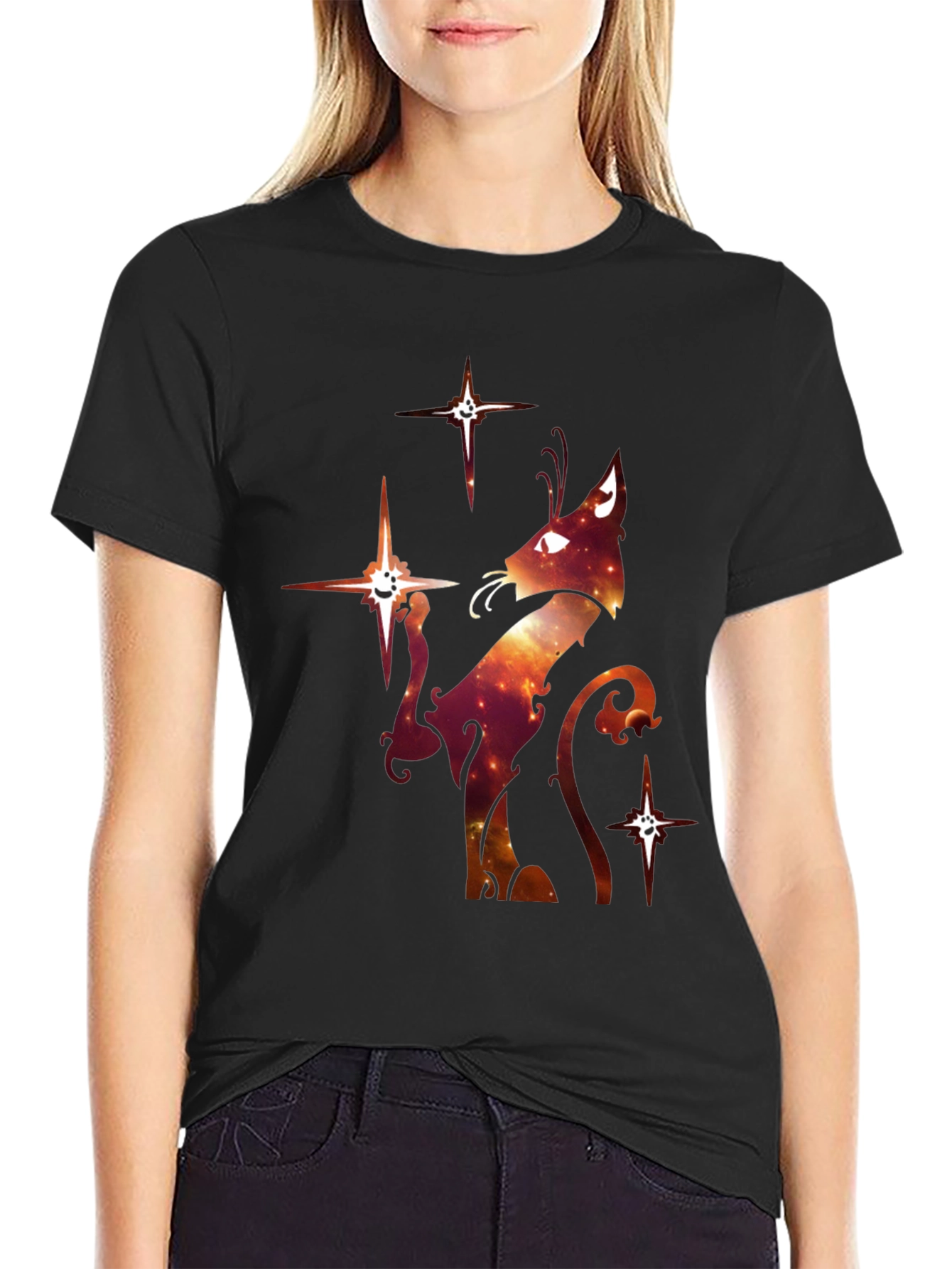 Black Celestial Cat Graphic T-Shirt - Black Cotton Blend view 2