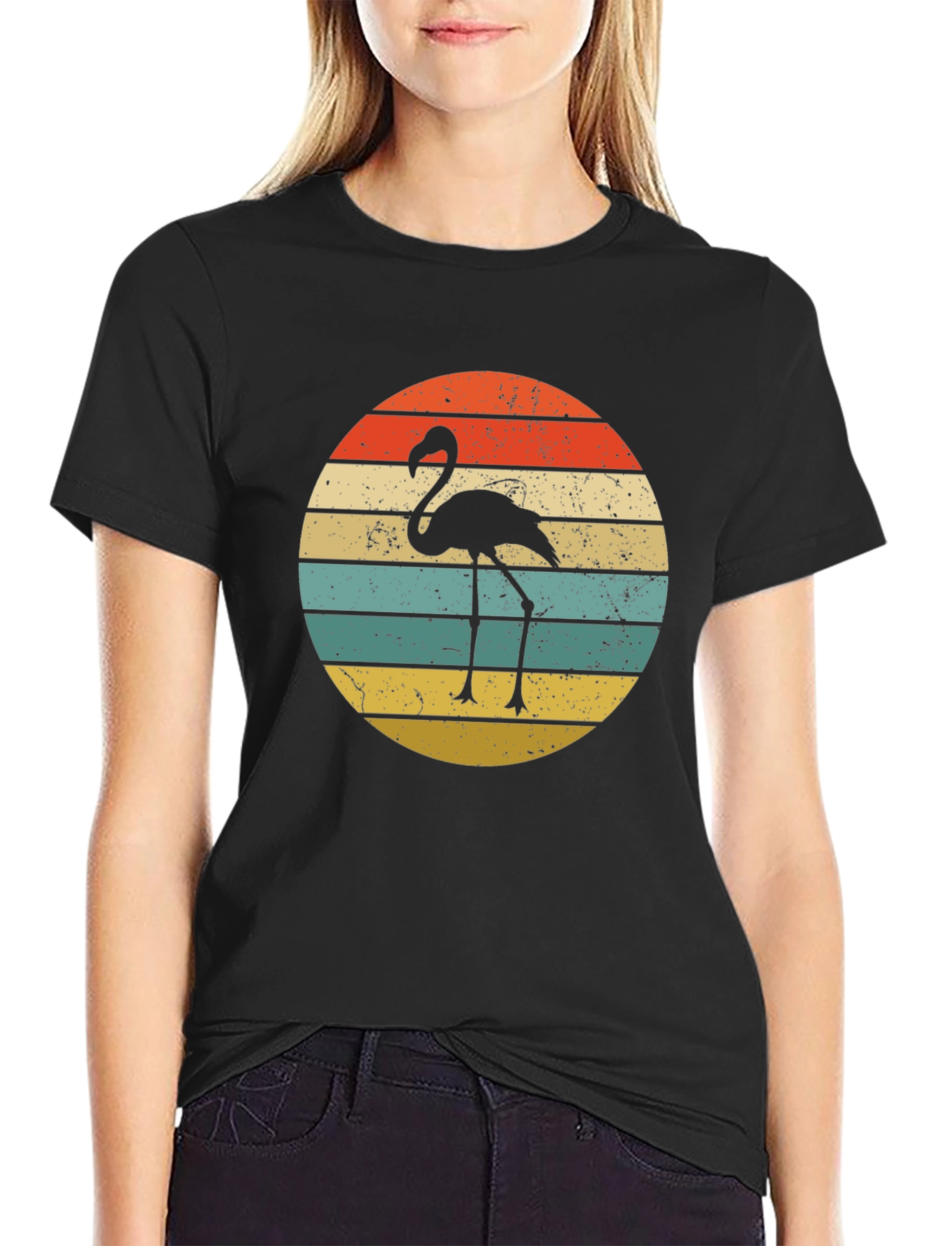 Black Retro Flamingo Sunset Graphic T-Shirt view 2