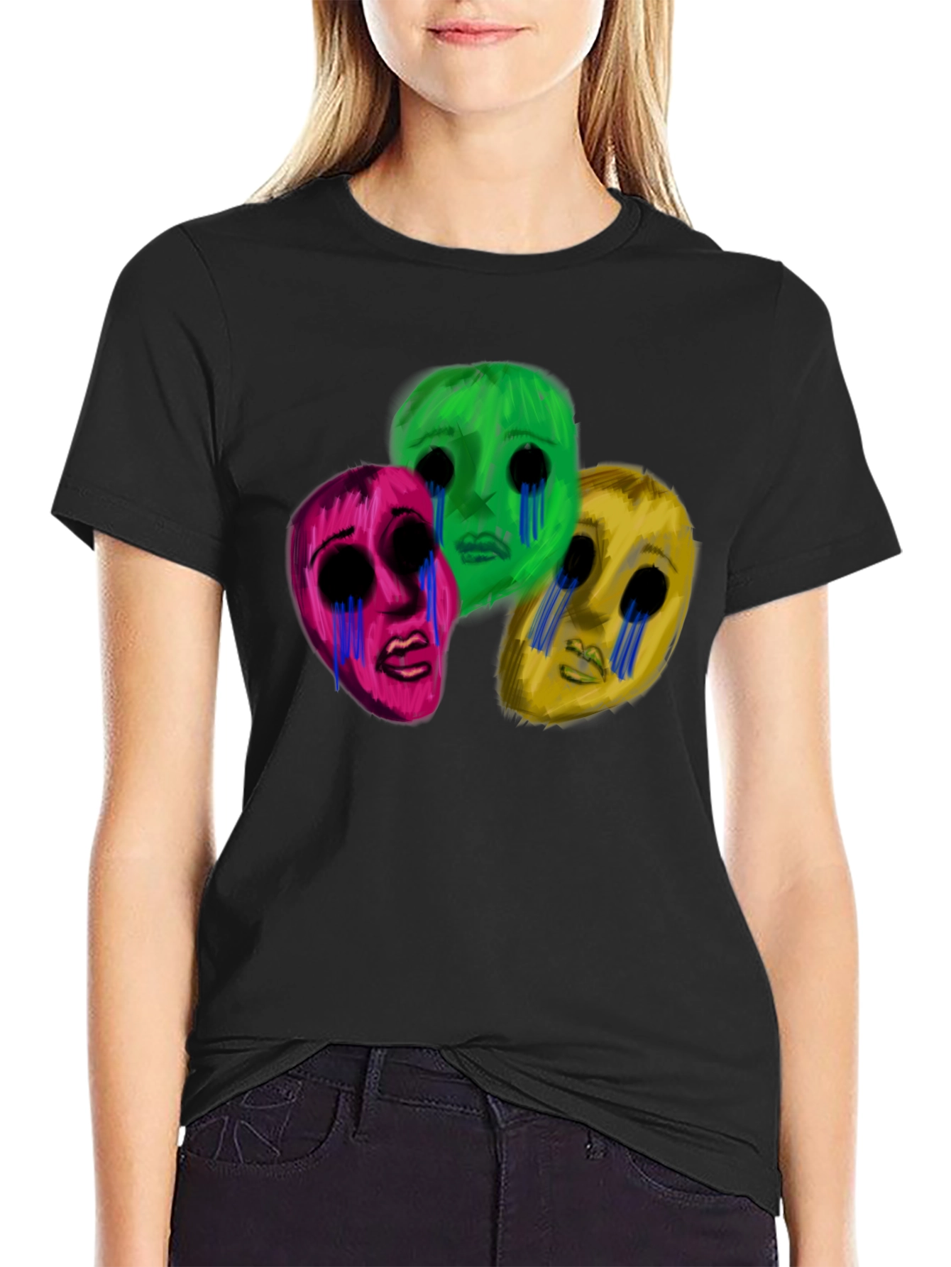 Black Men's Black T-Shirt with Three Crying Faces view 2