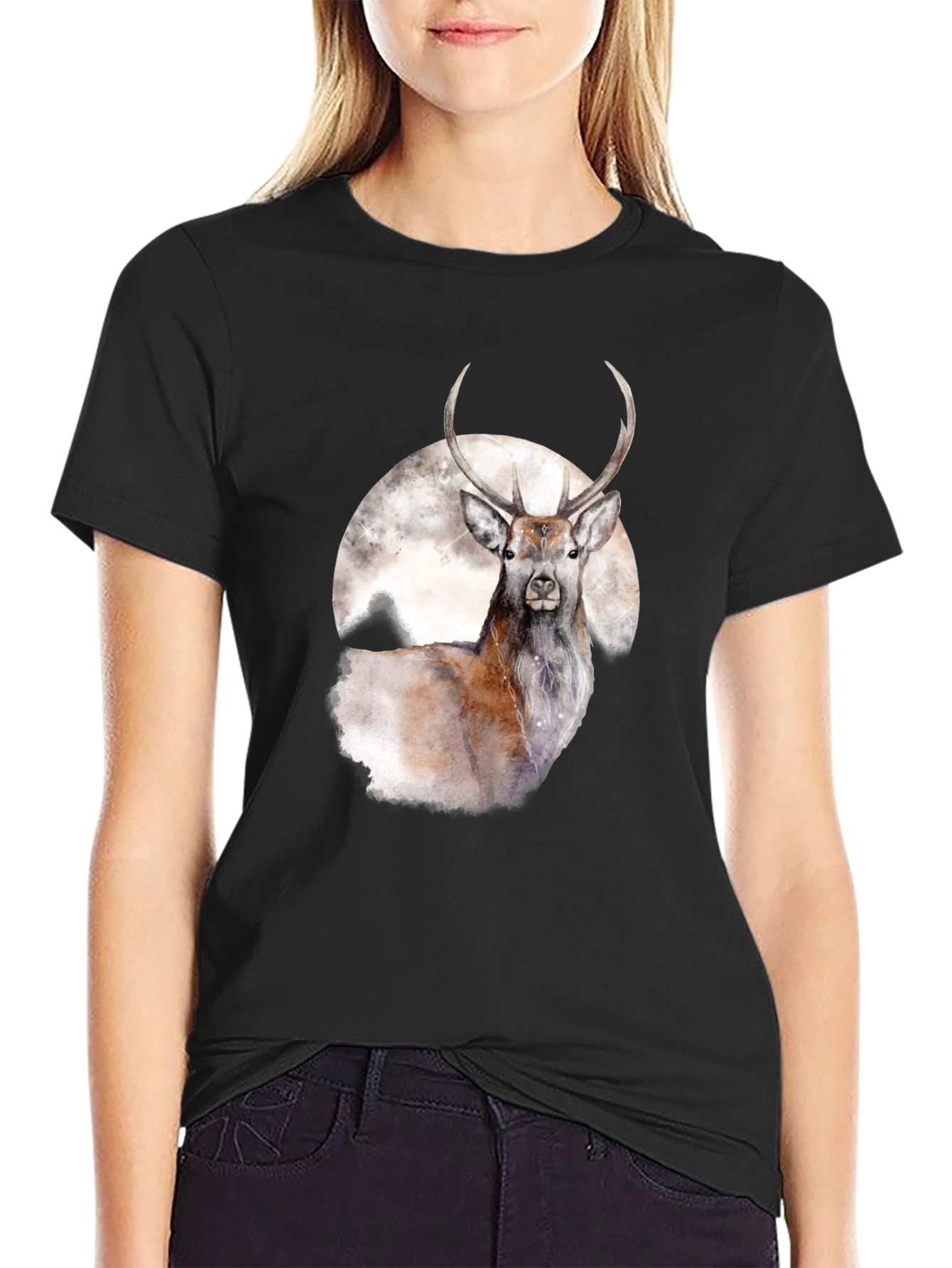 Black Deer and Moon Graphic Tee - Stylish Black T-Shirt view 2