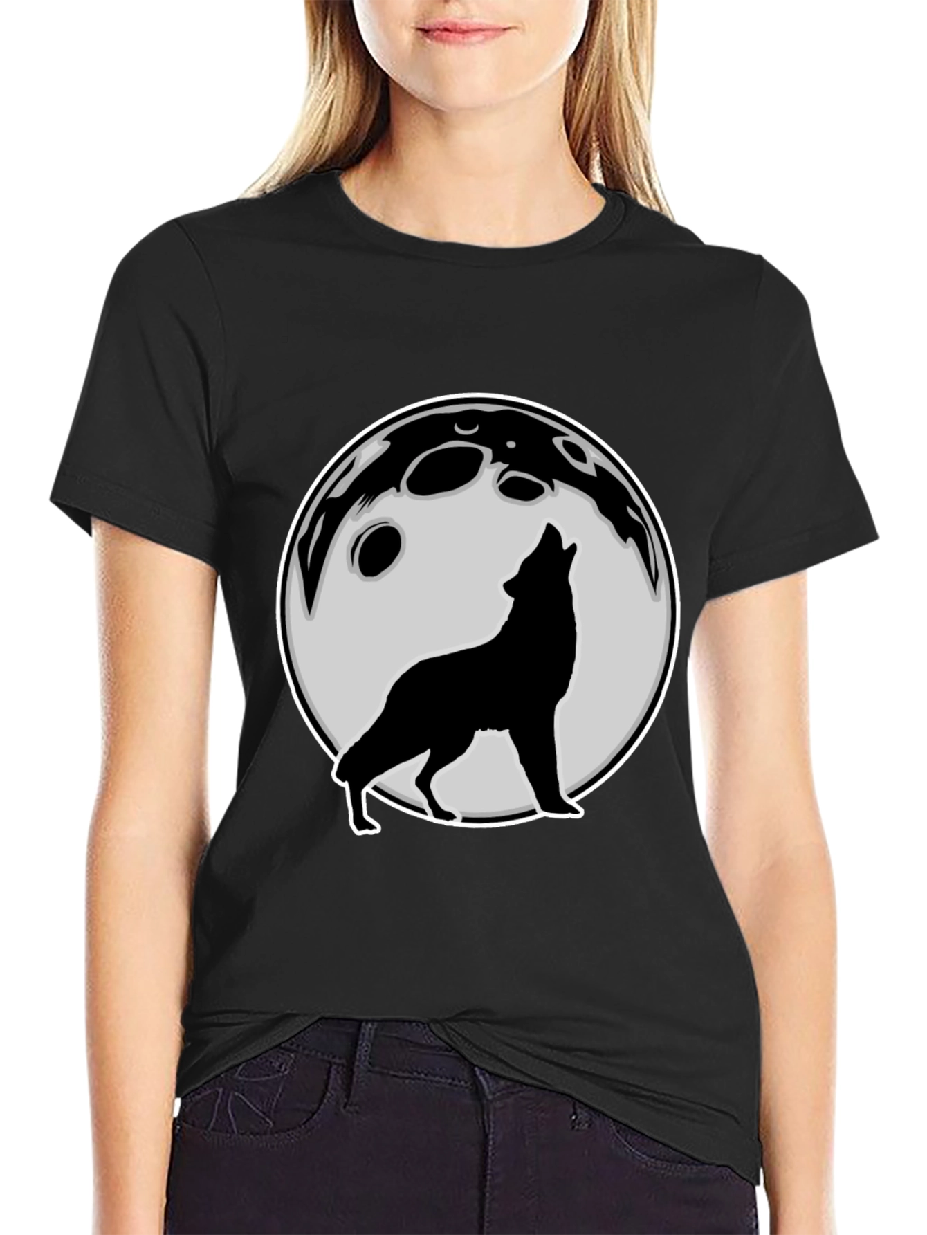 Black Wolf Howling at Moon Graphic Tee - Black view 2