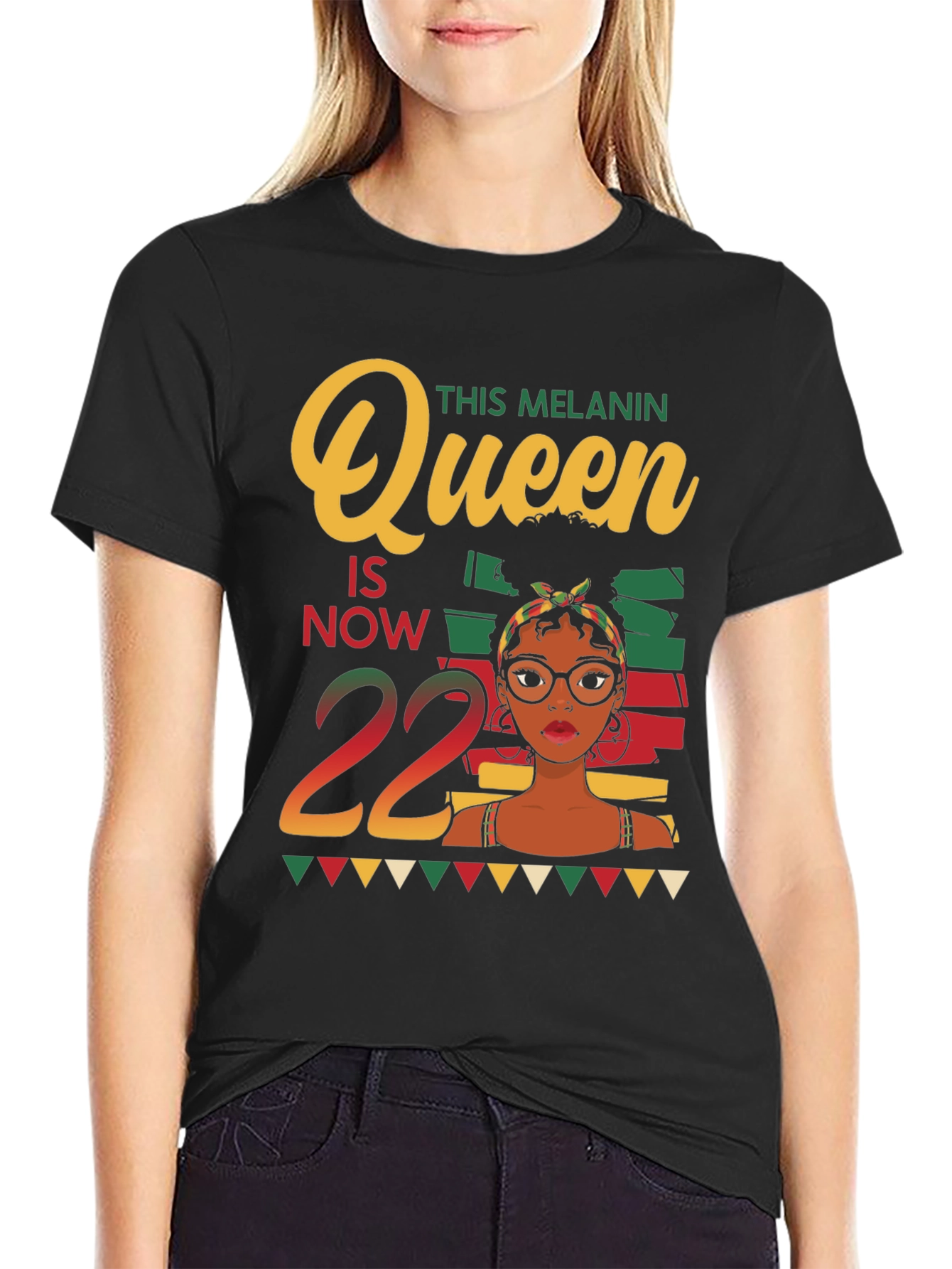 Black Melanin Queen 22nd Birthday Black T-Shirt view 2