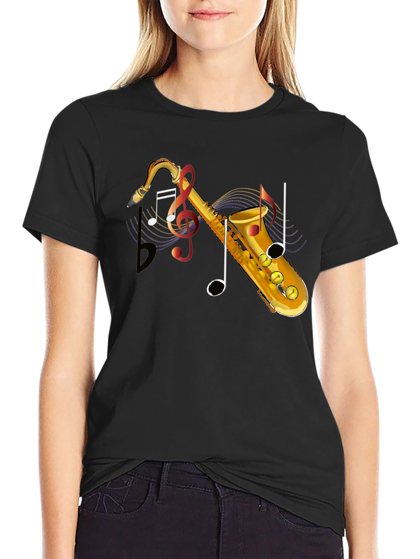Black Saxophone Music Note Graphic T-Shirt view 2