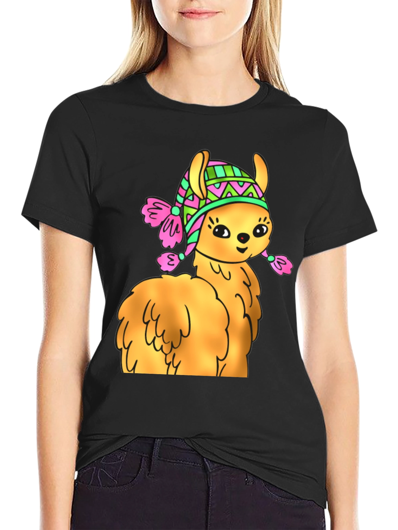 Black Cute Llama Wearing Hat T-Shirt view 2