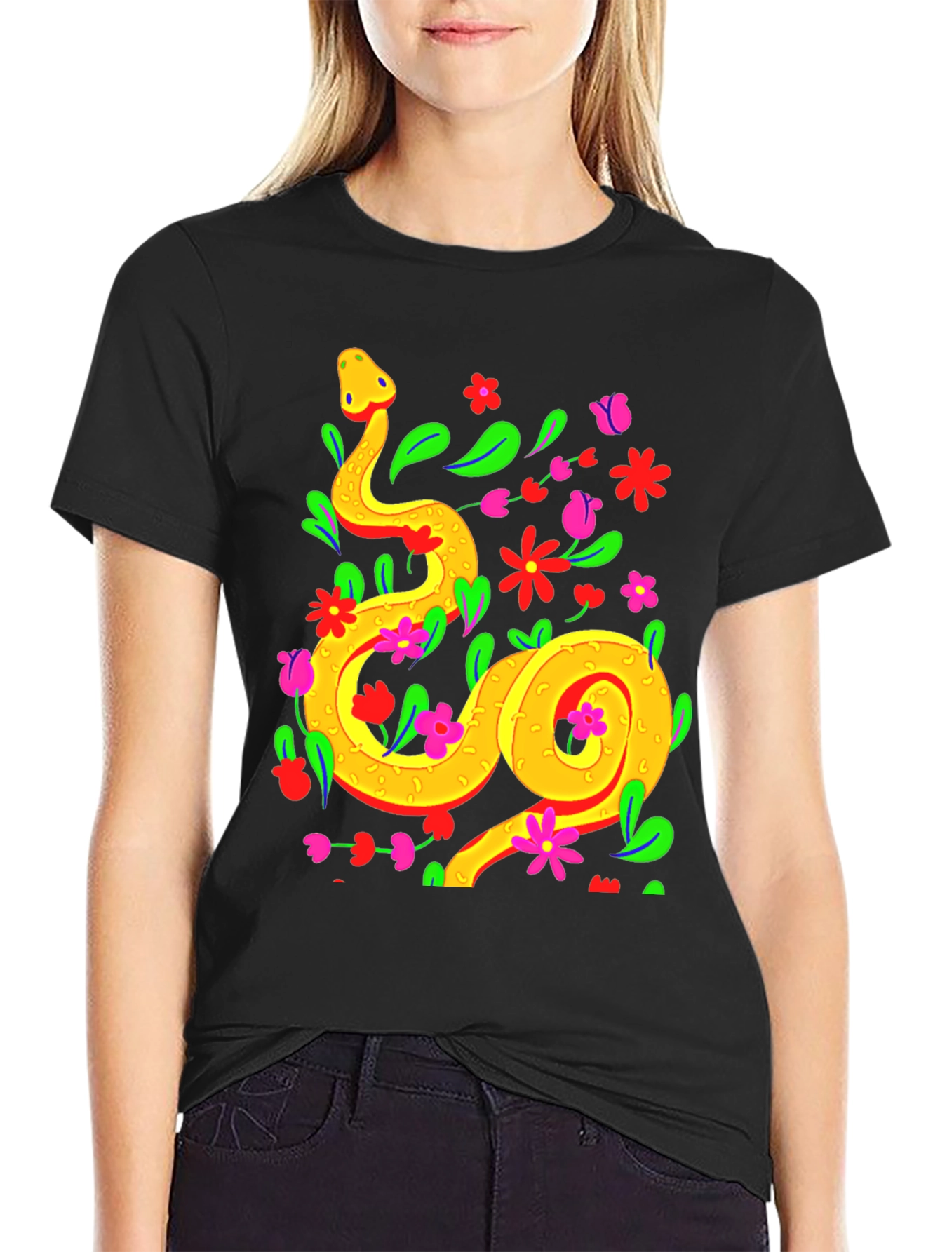 Black Floral Snake Graphic Tee - Stylish & Unique view 2
