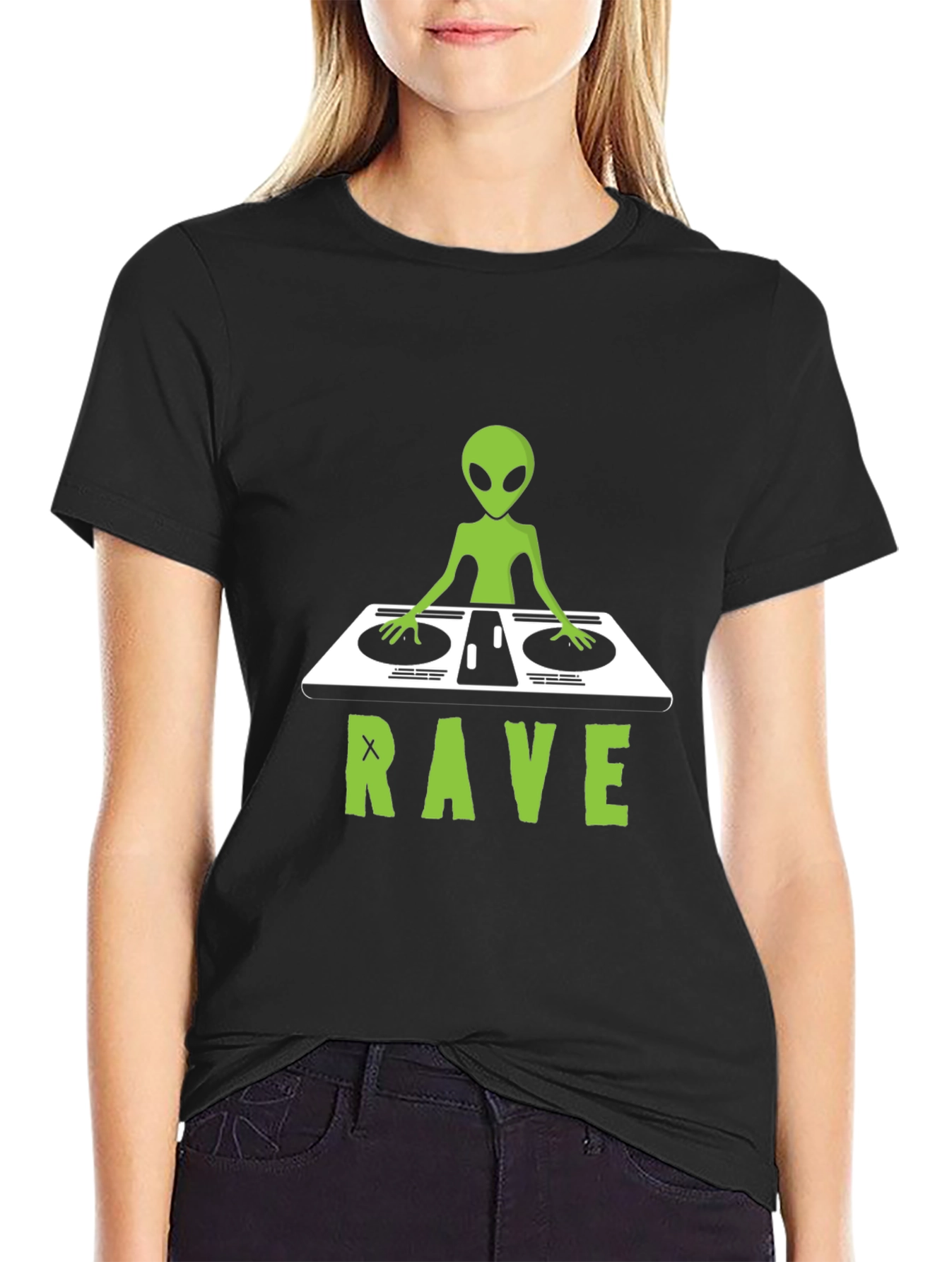 Black Alien DJ Rave T-Shirt - Unique Graphic Tee view 2