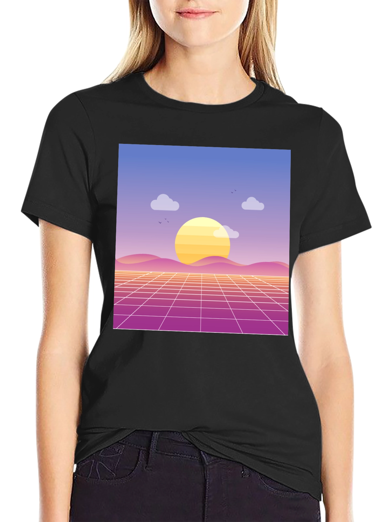 Black Retro Sunset Graphic Tee - Black Cotton Blend view 2