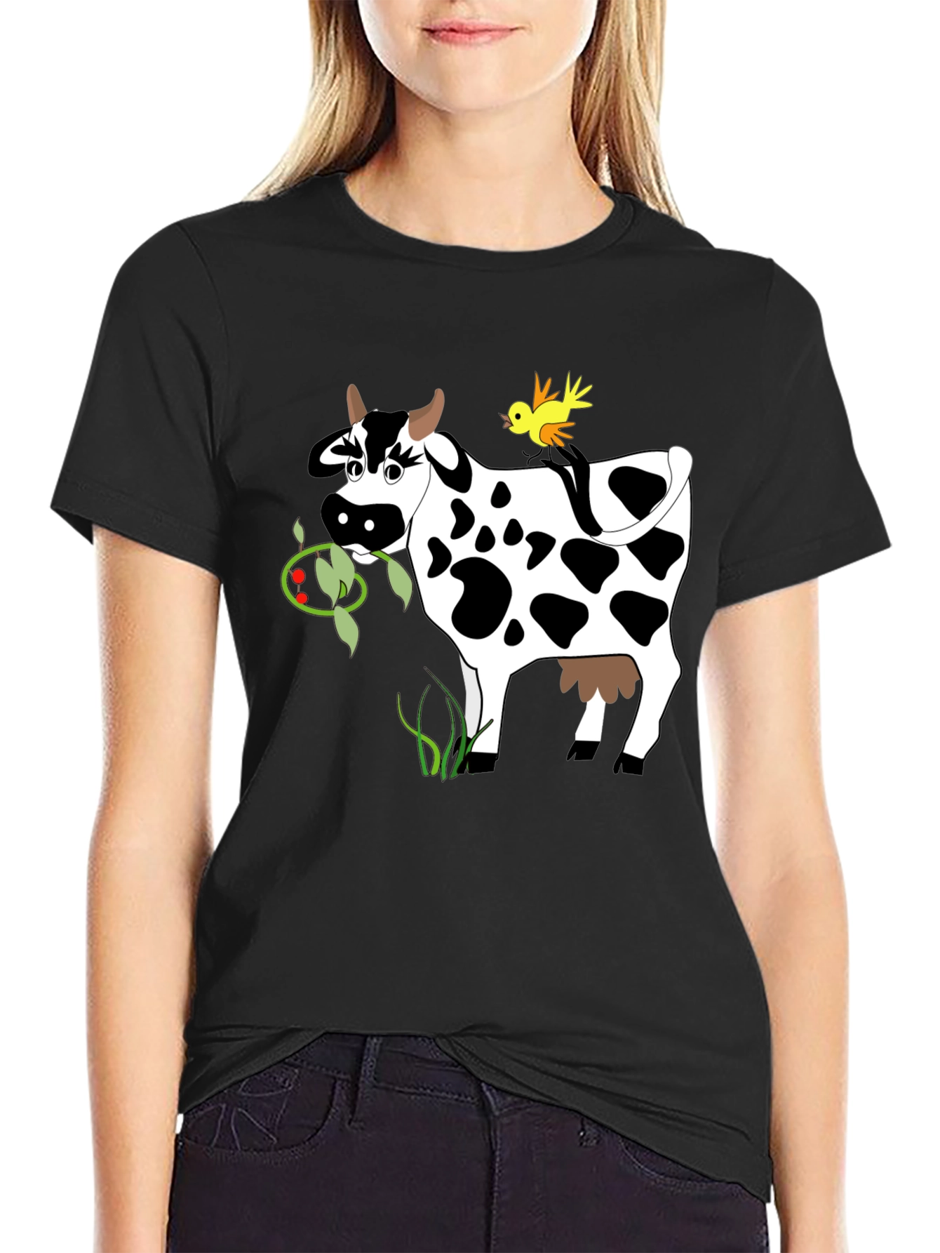 Black Cow & Bird Graphic Tee - Black Cotton T-Shirt view 2