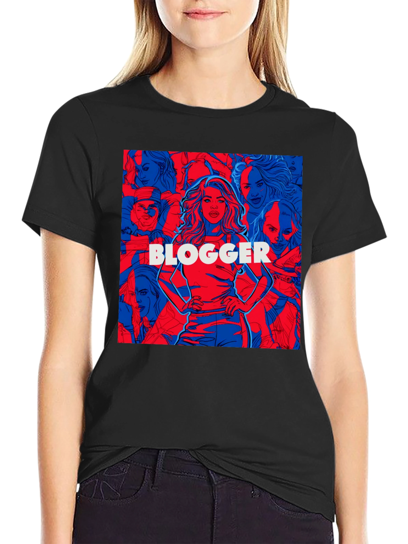 Black Blogger Graphic Print Crew Neck T-Shirt view 2