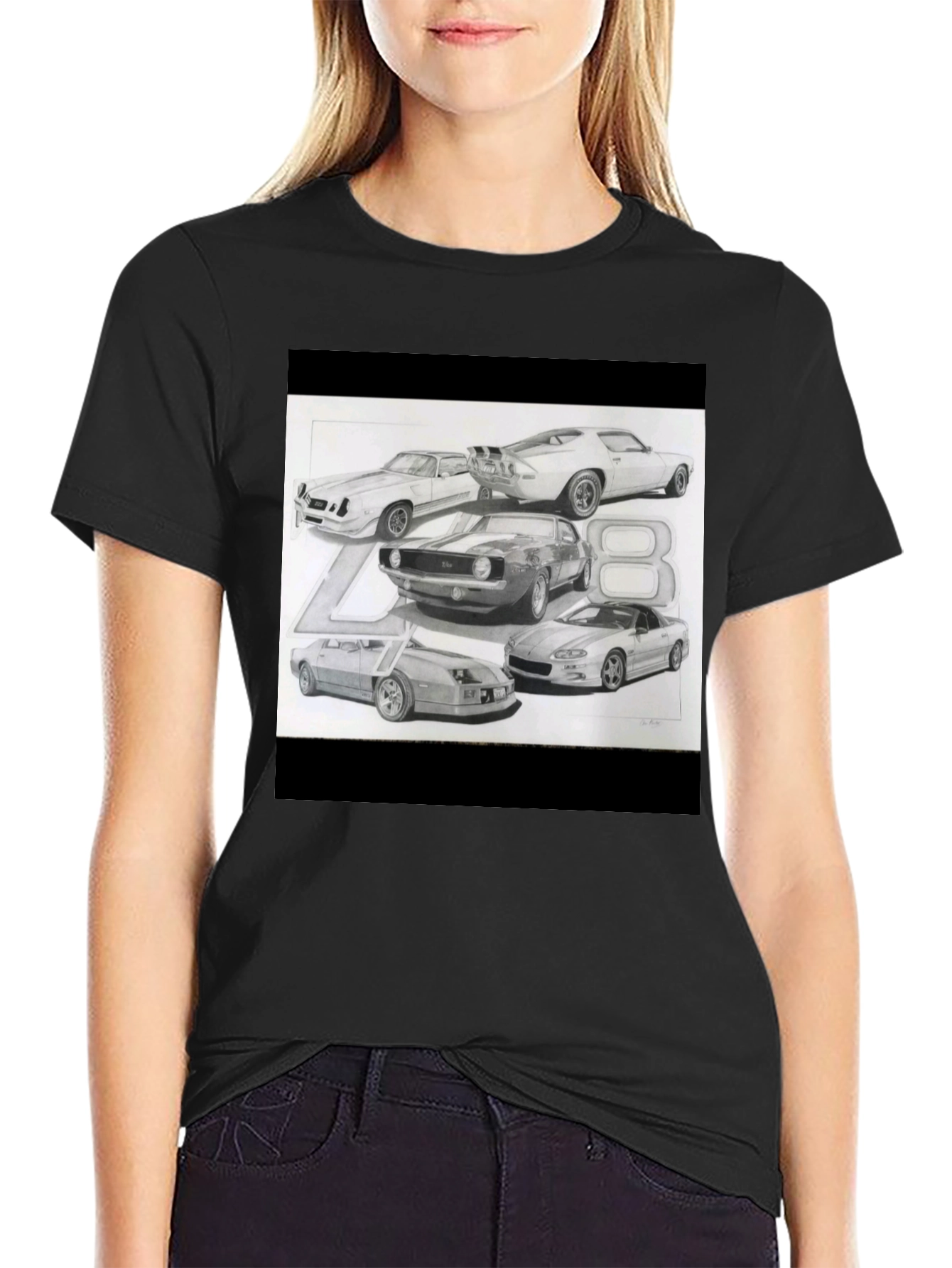Black Classic Car Sketch Black Tee view 2